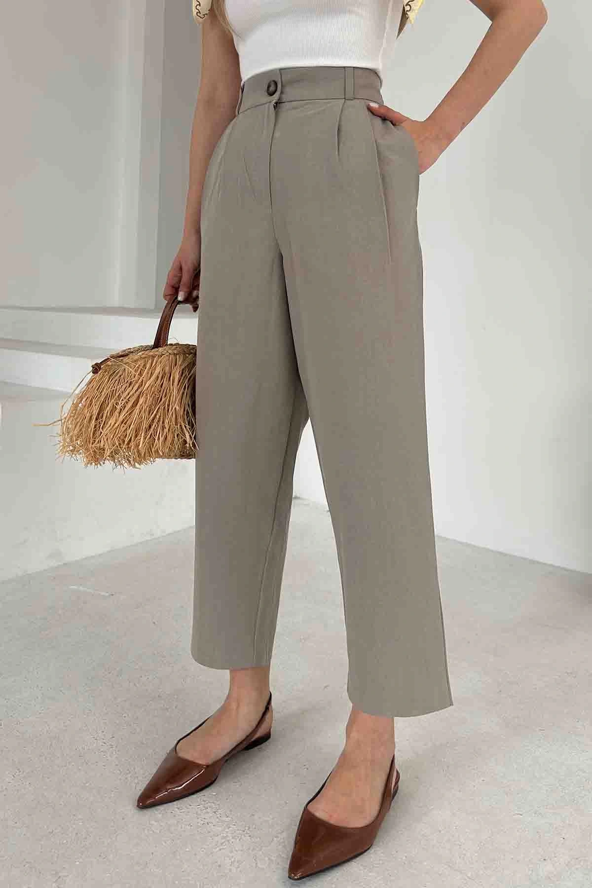 Önü Çift Pileli Pantolon Haki