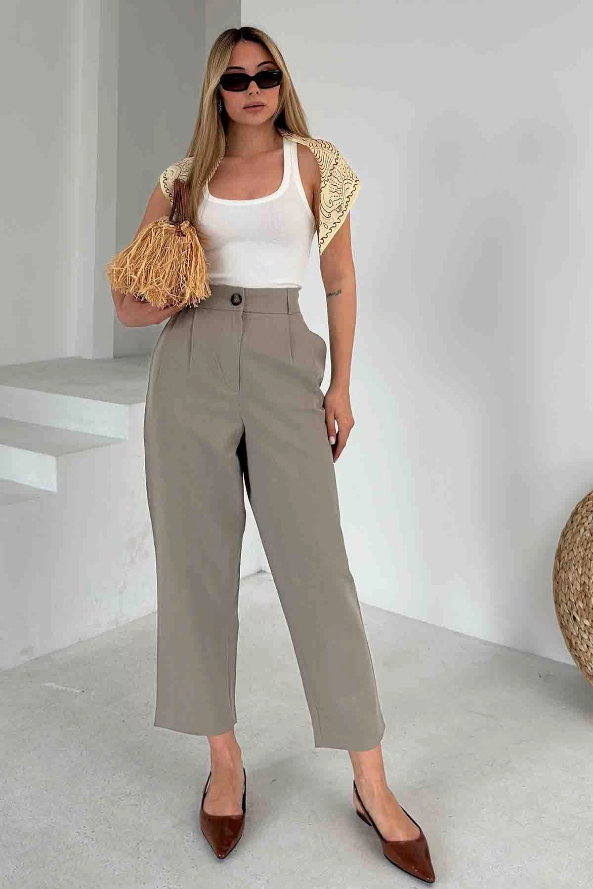 Önü Çift Pileli Pantolon Haki