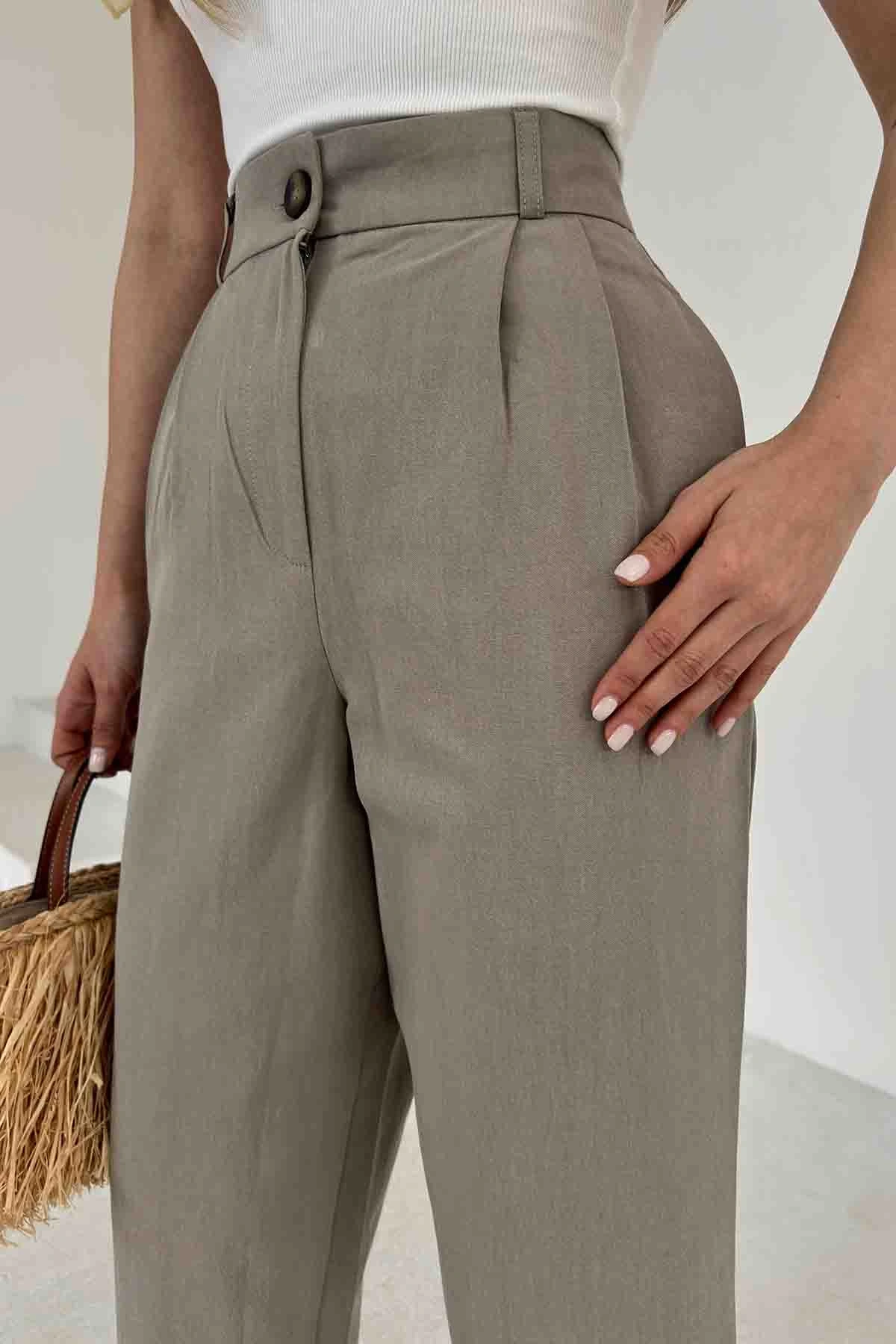 Önü Çift Pileli Pantolon Haki