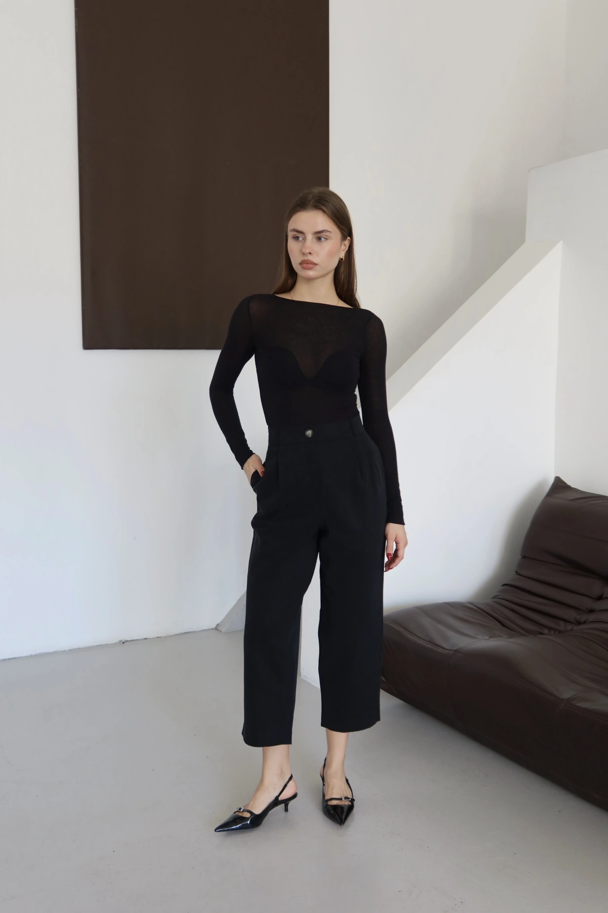 Önü Çift Pileli Pantolon Siyah