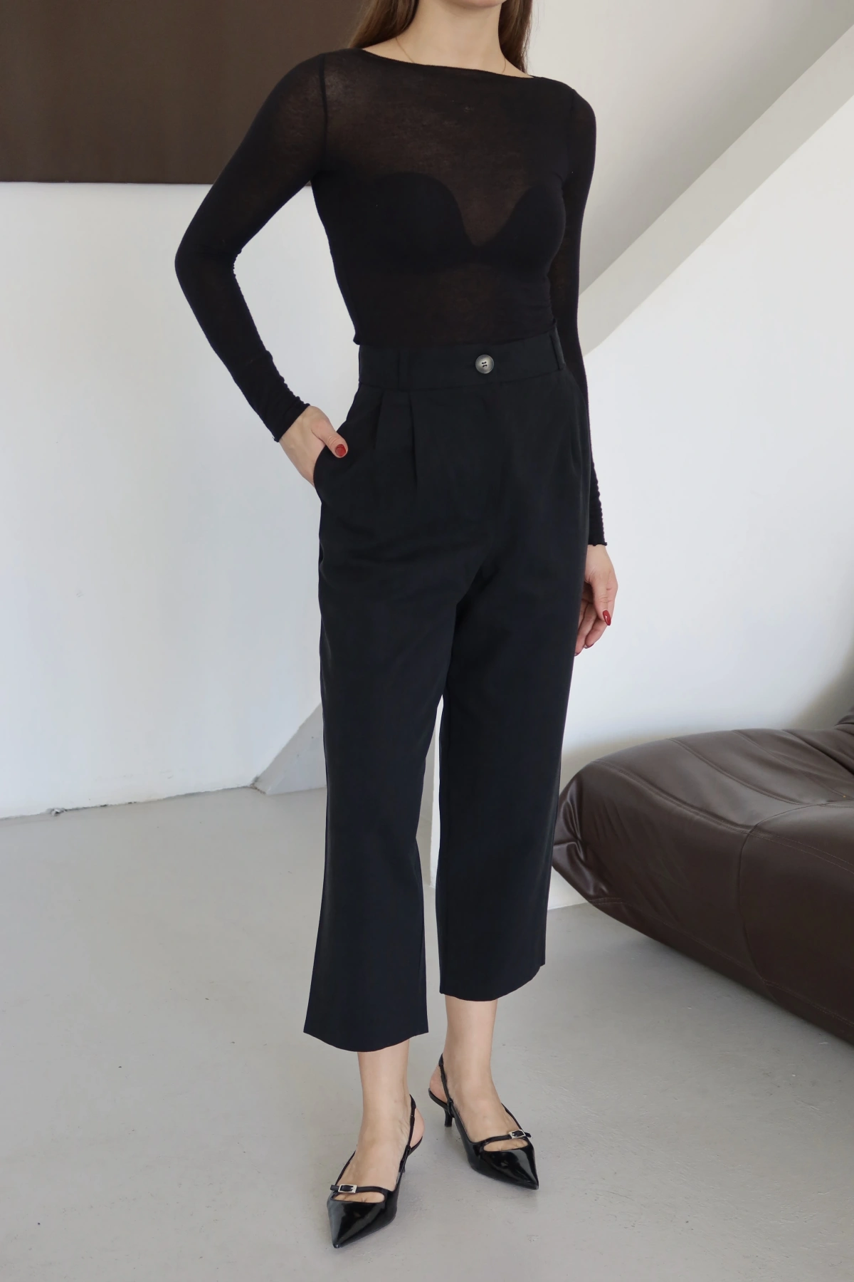Önü Çift Pileli Pantolon Siyah
