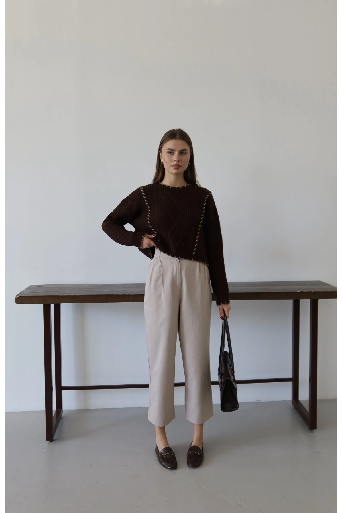 Önü Çift Pileli Pantolon Taş