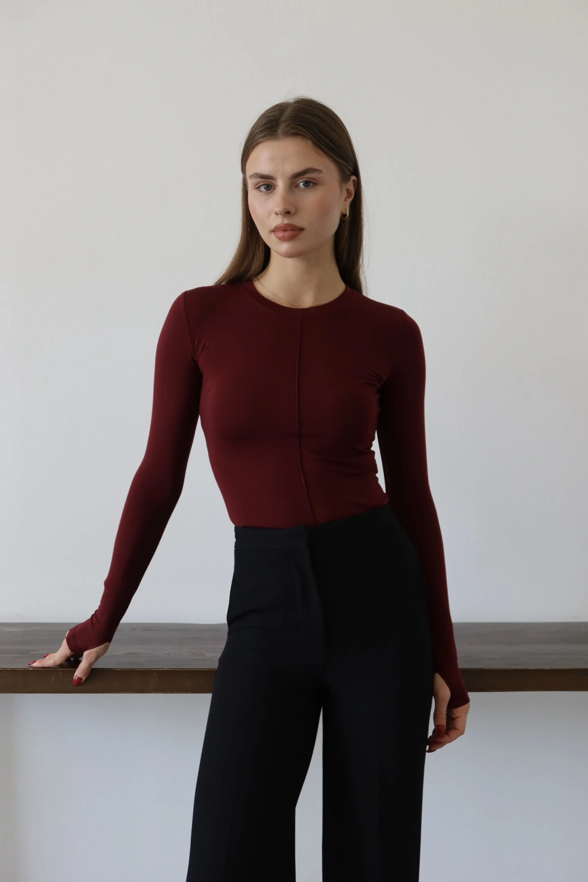 Önü Dikişli T-Shıtr Bordo