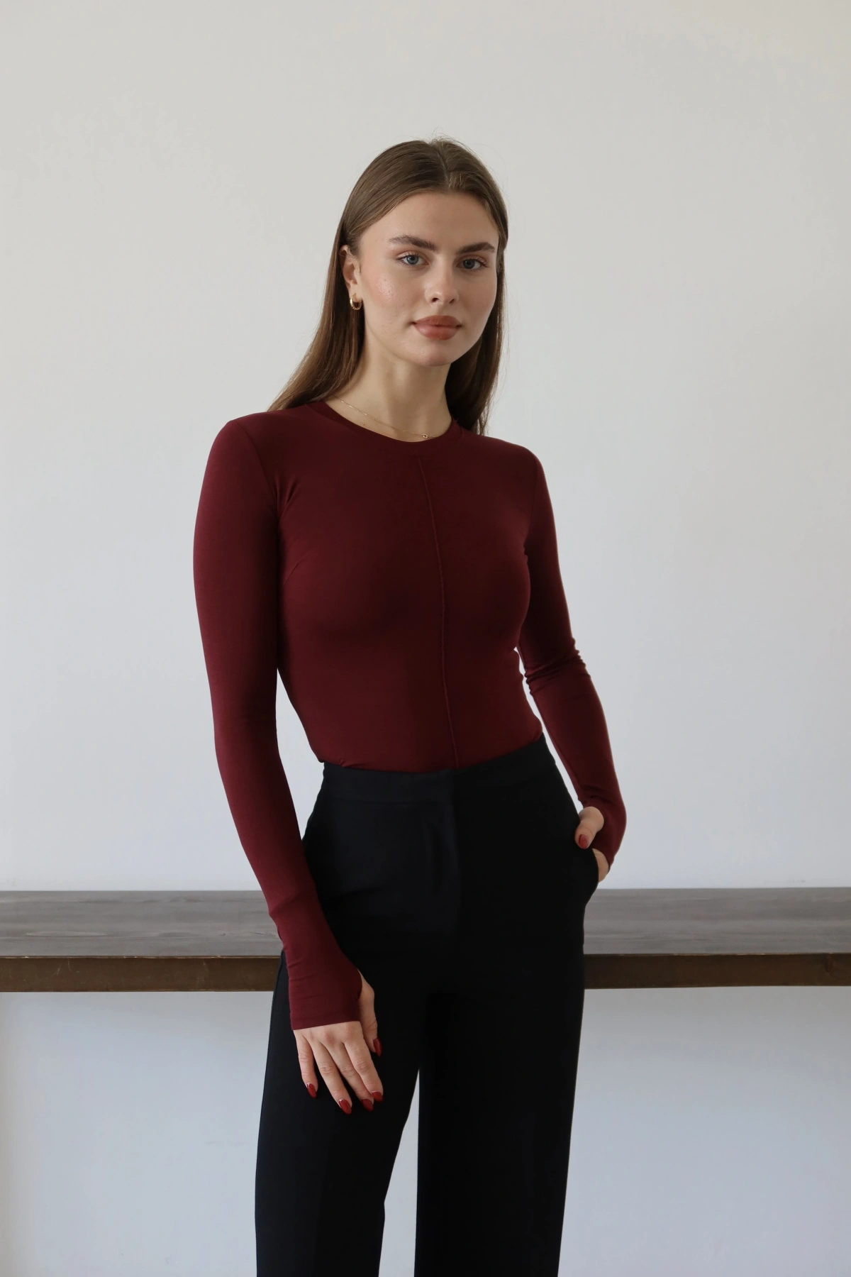 Önü Dikişli T-Shıtr Bordo