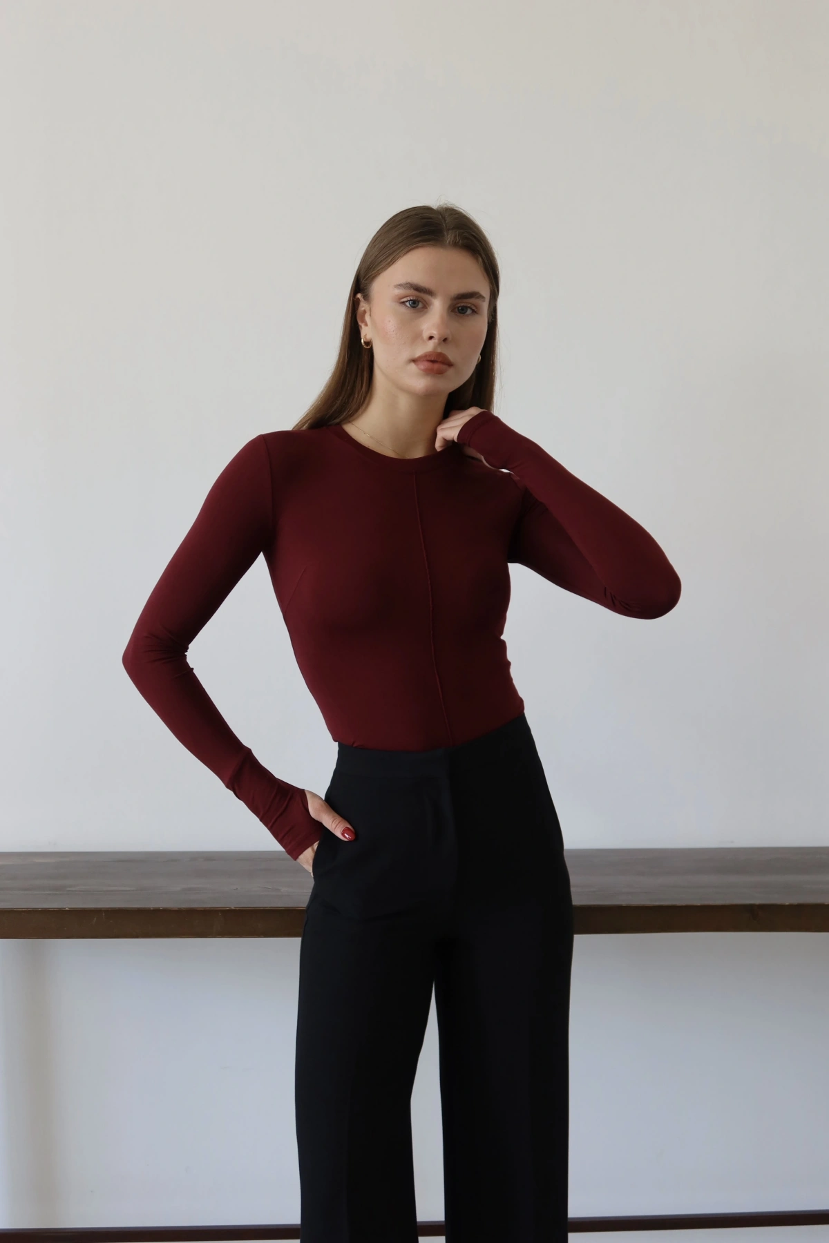 Önü Dikişli T-Shıtr Bordo