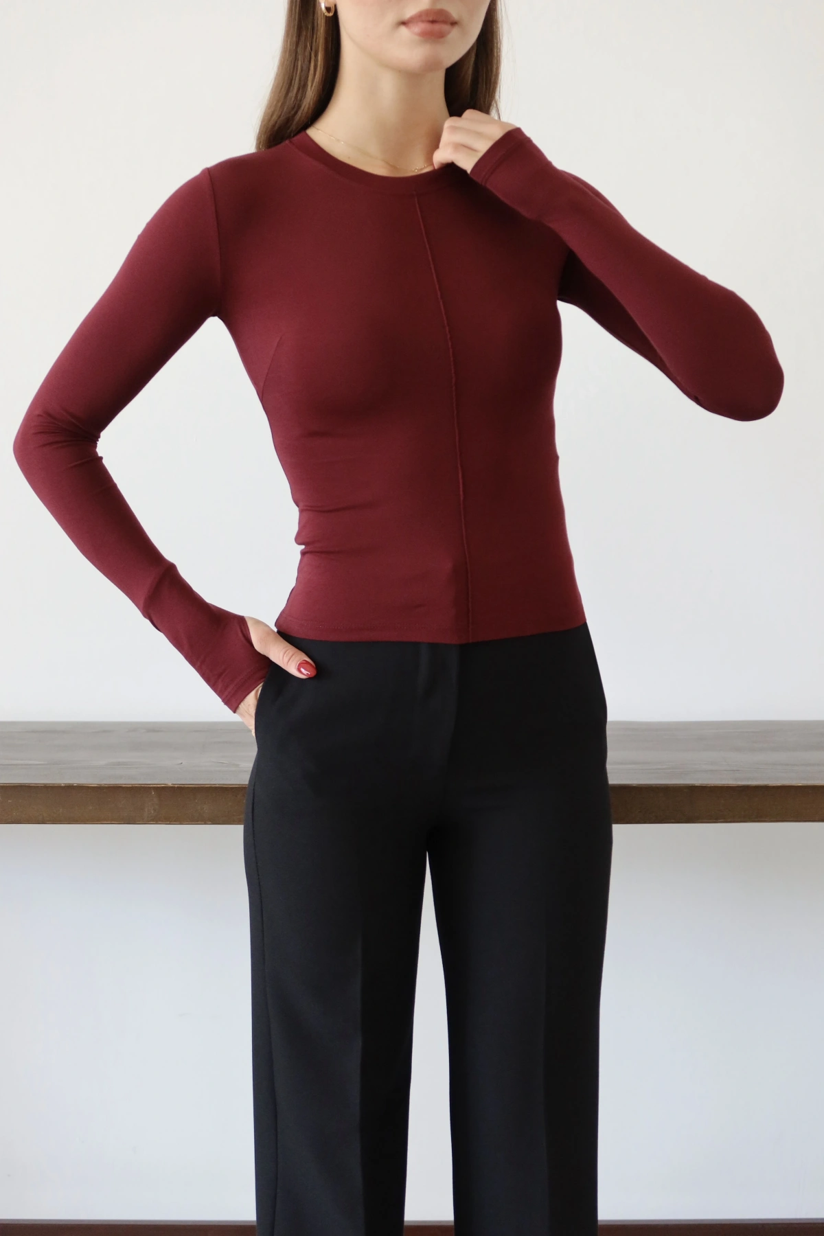 Önü Dikişli T-Shıtr Bordo