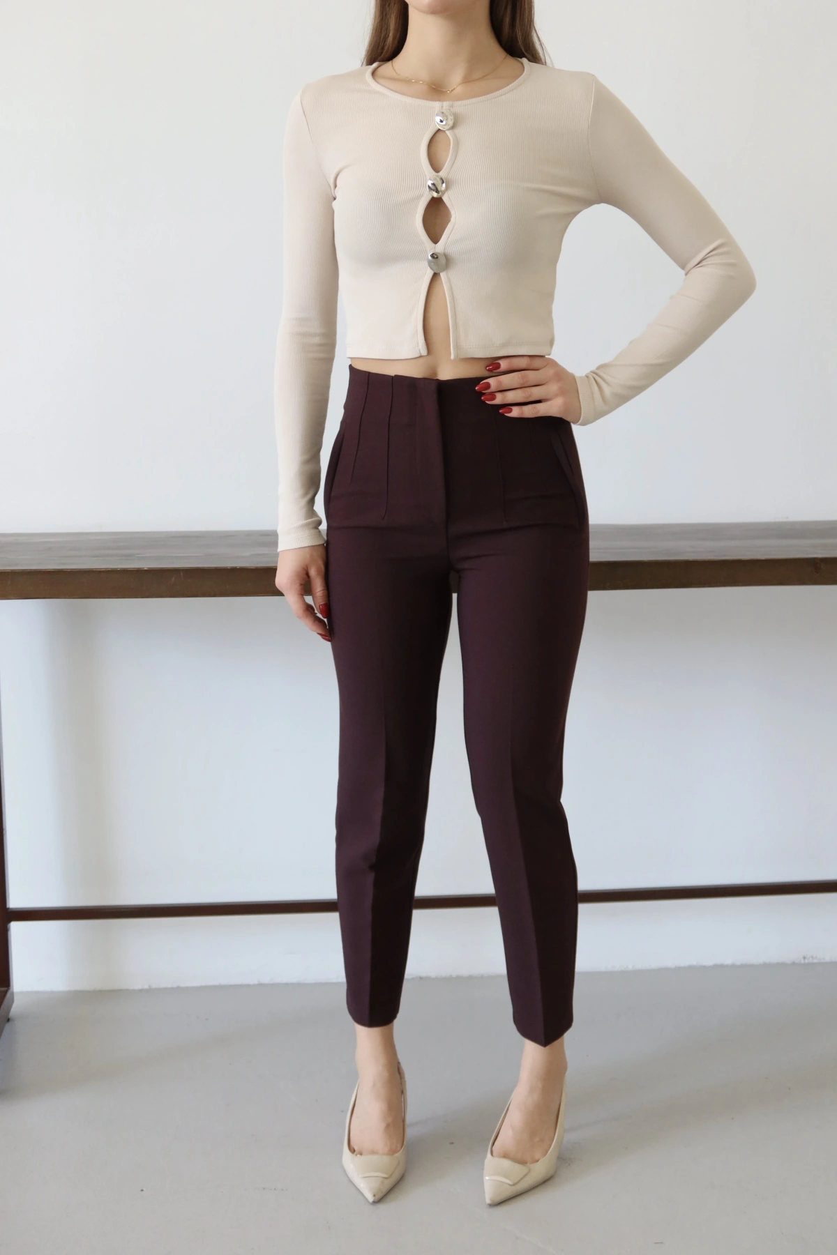 Önü Flotalı Pantolon Bordo