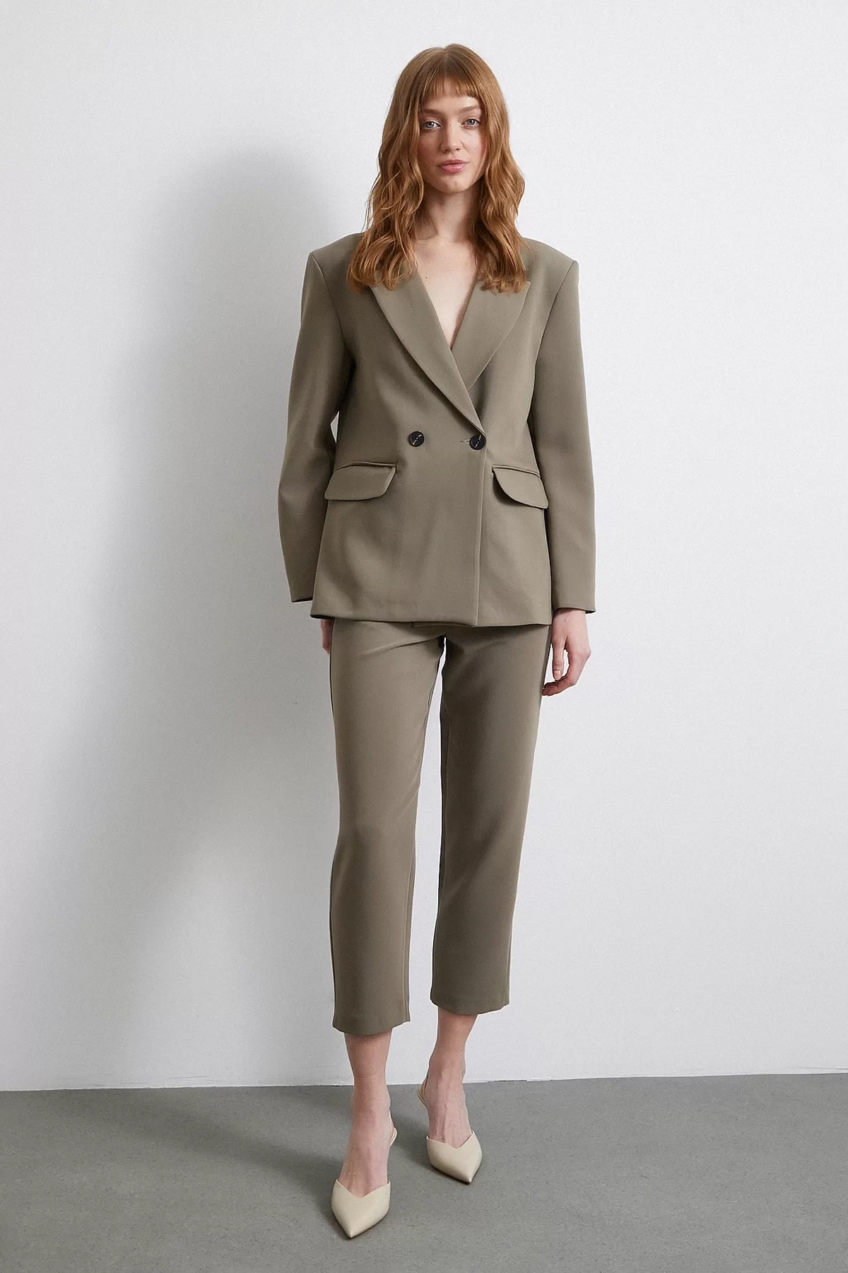 Önü Pensli Skinny Kumaş Pantolon Haki