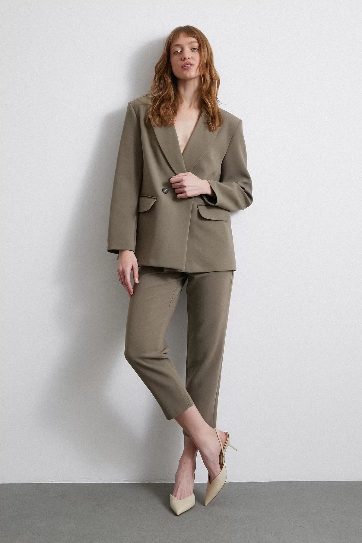 Önü Pensli Skinny Kumaş Pantolon Haki