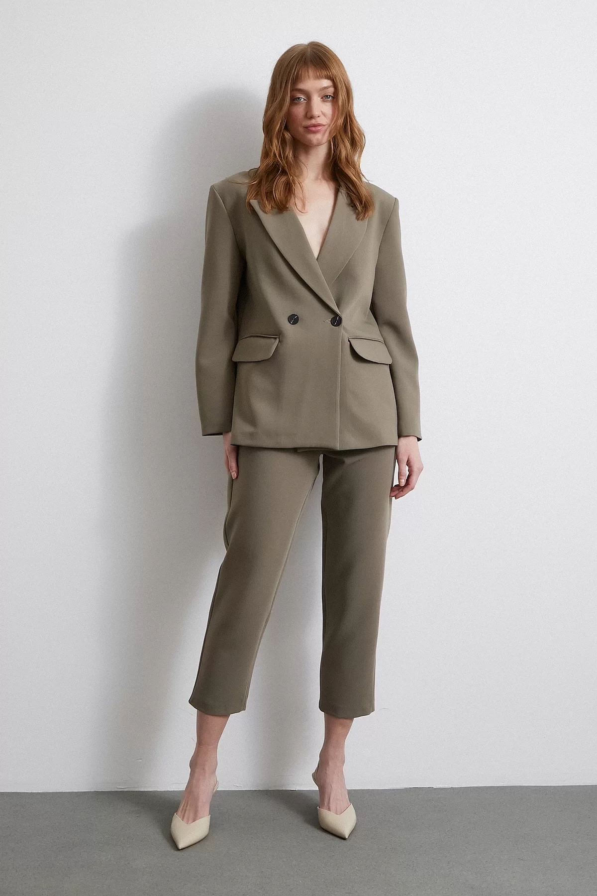 Önü Pensli Skinny Kumaş Pantolon Haki