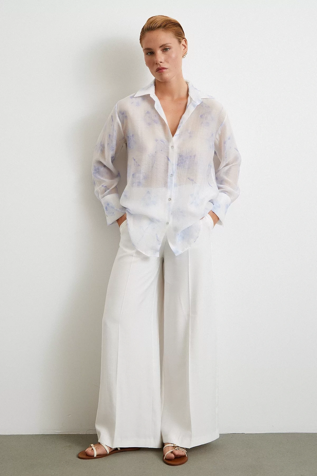 Organize Desenli Tül Gömlek Mavi