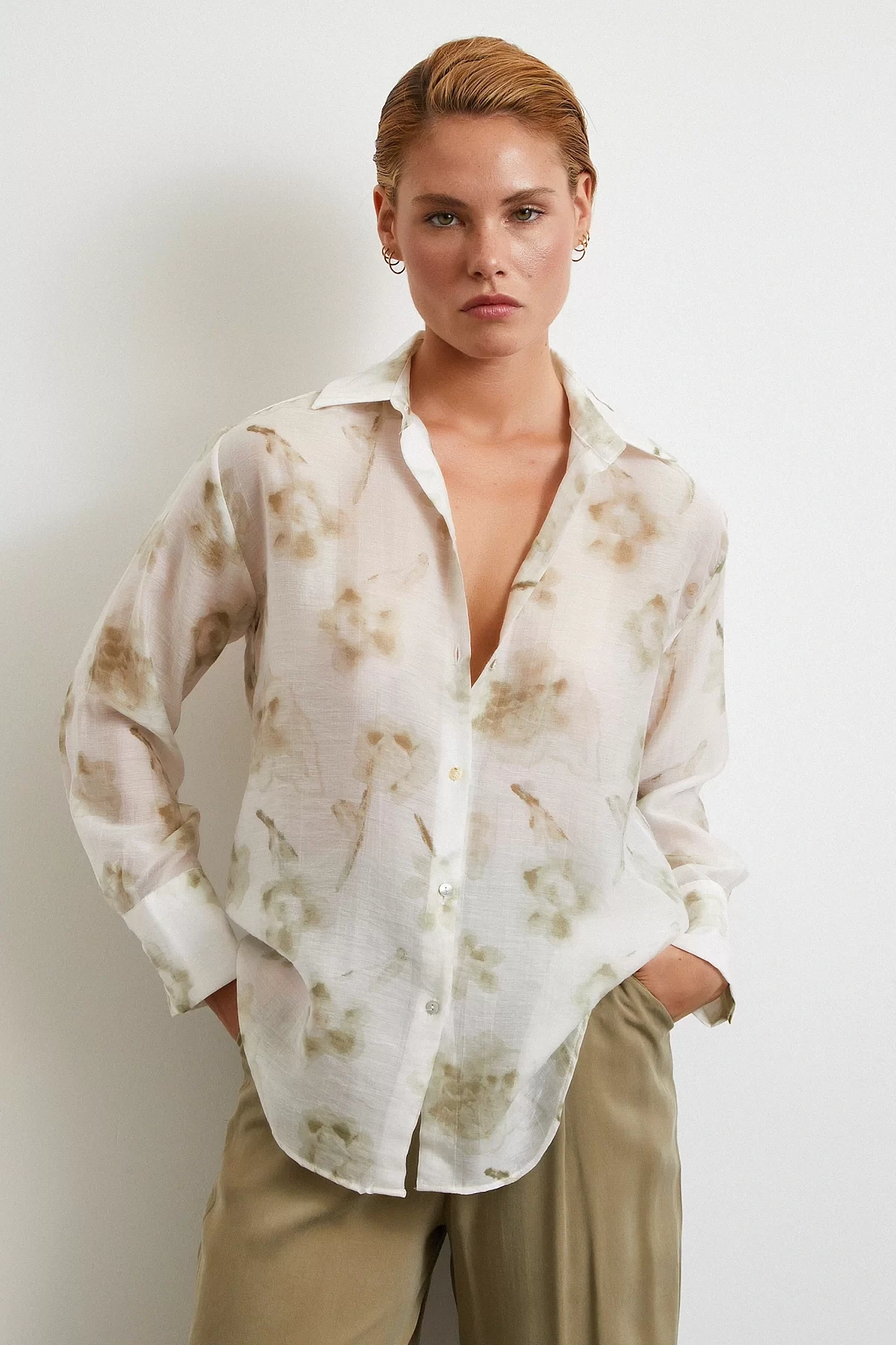 Organize Desenli Tül Gömlek Yeşil