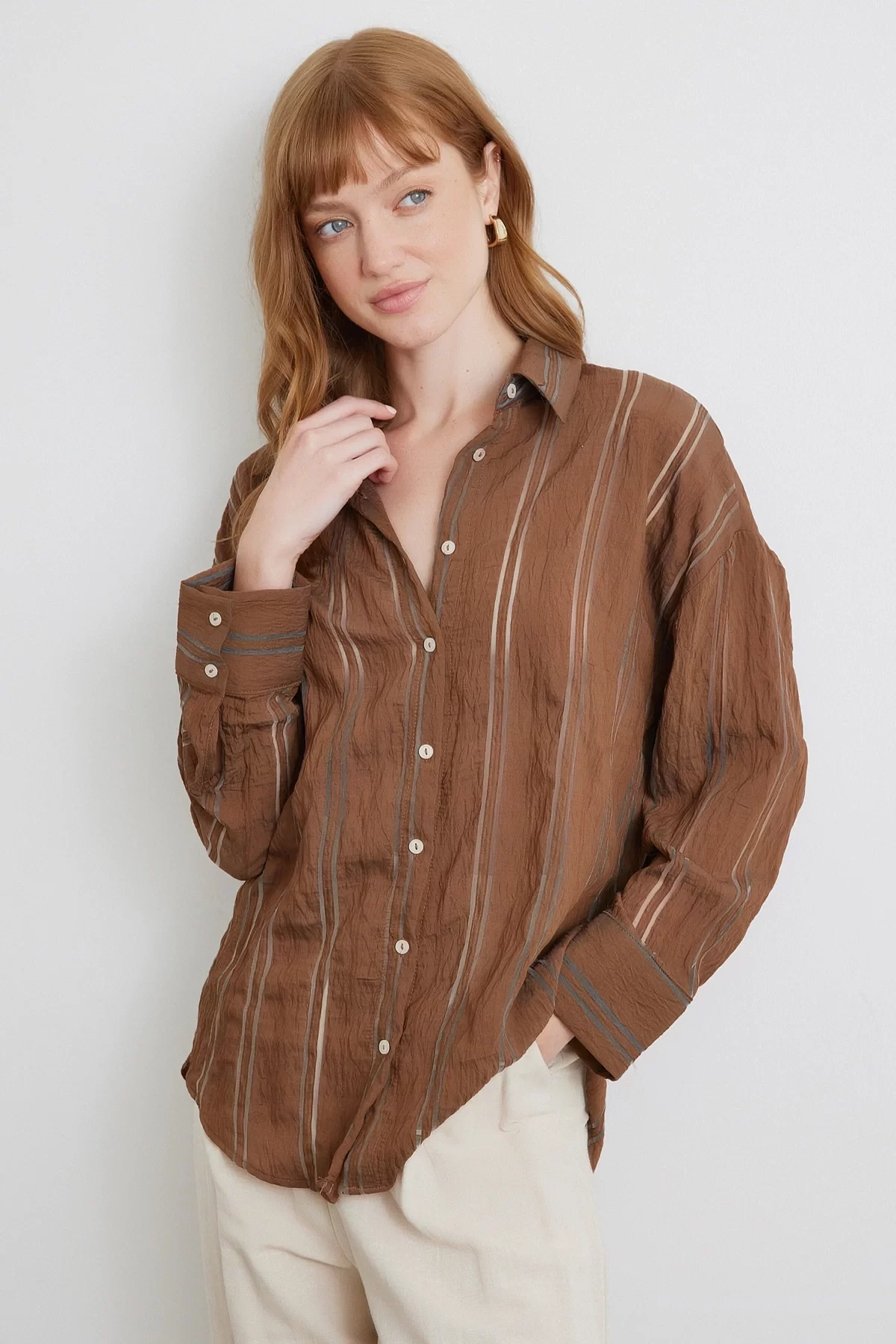 Organze Çizgili Gömlek Kahve