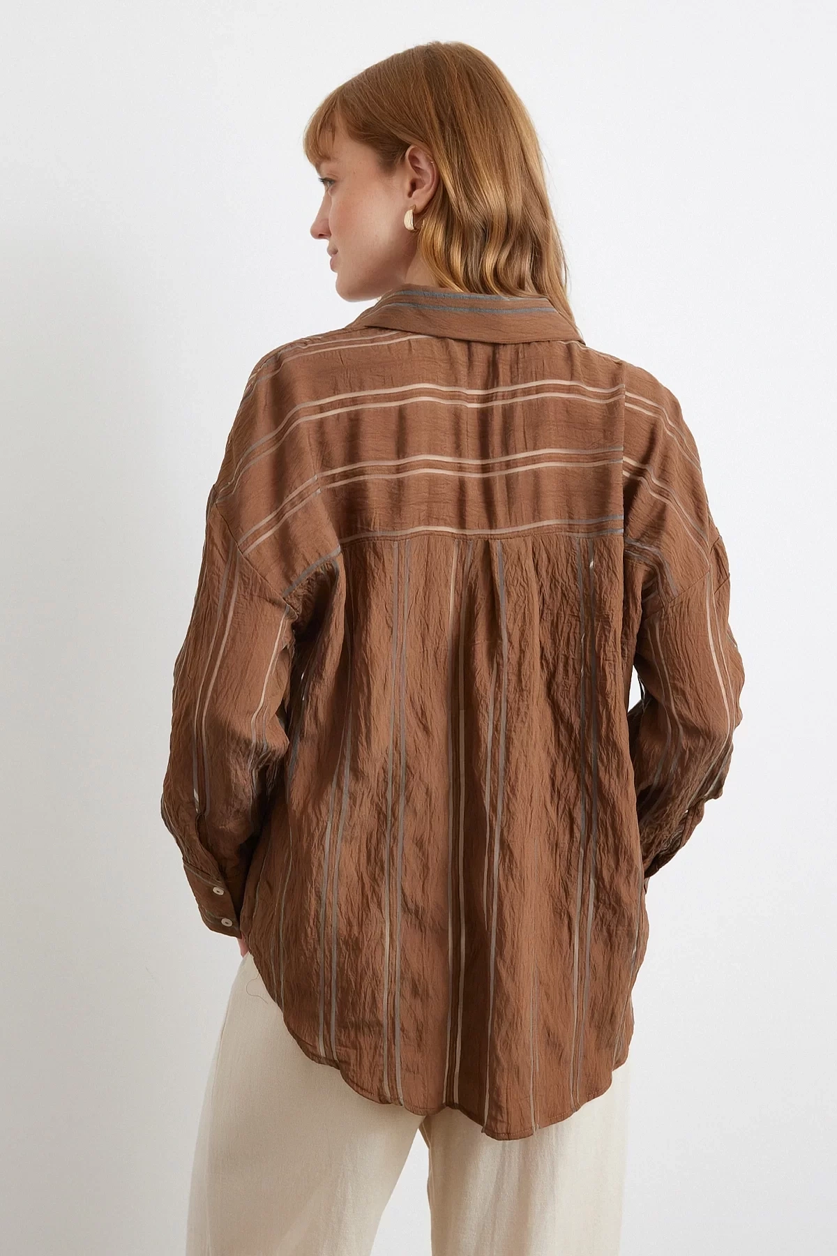 Organze Çizgili Gömlek Kahve