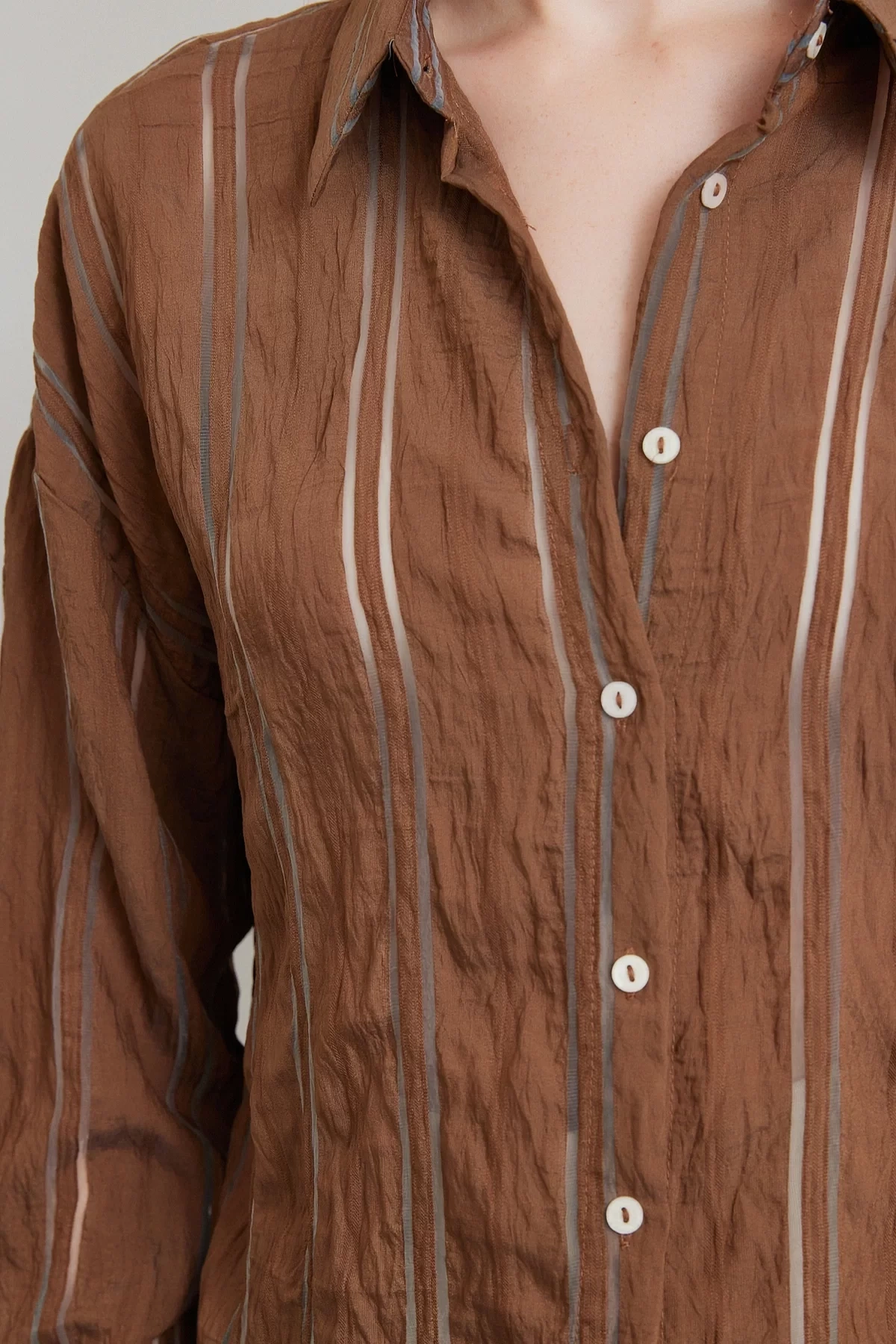 Organze Çizgili Gömlek Kahve