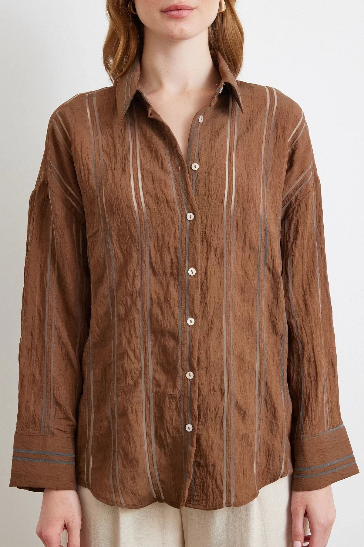 Organze Çizgili Gömlek Kahve