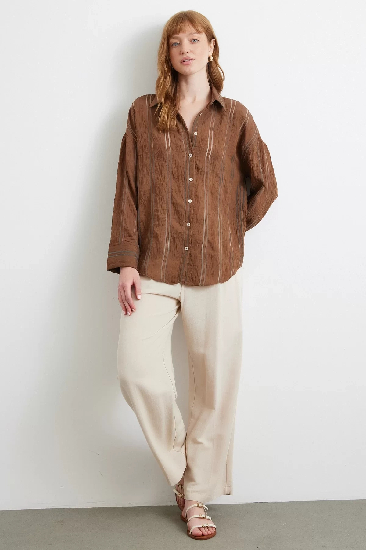 Organze Çizgili Gömlek Kahve