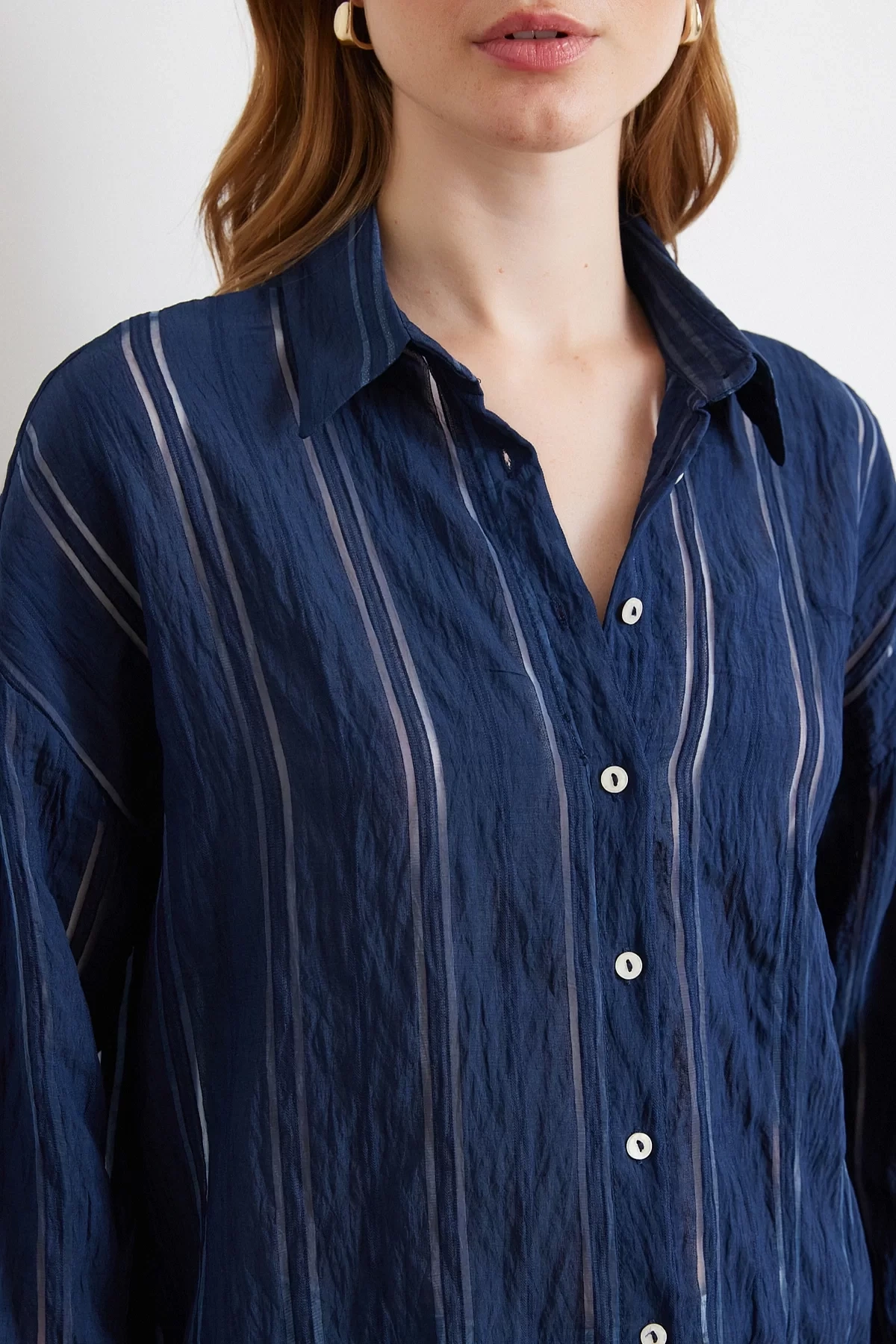 Organze Çizgili Gömlek Lacivert