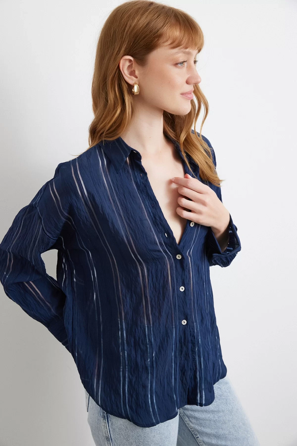 Organze Çizgili Gömlek Lacivert