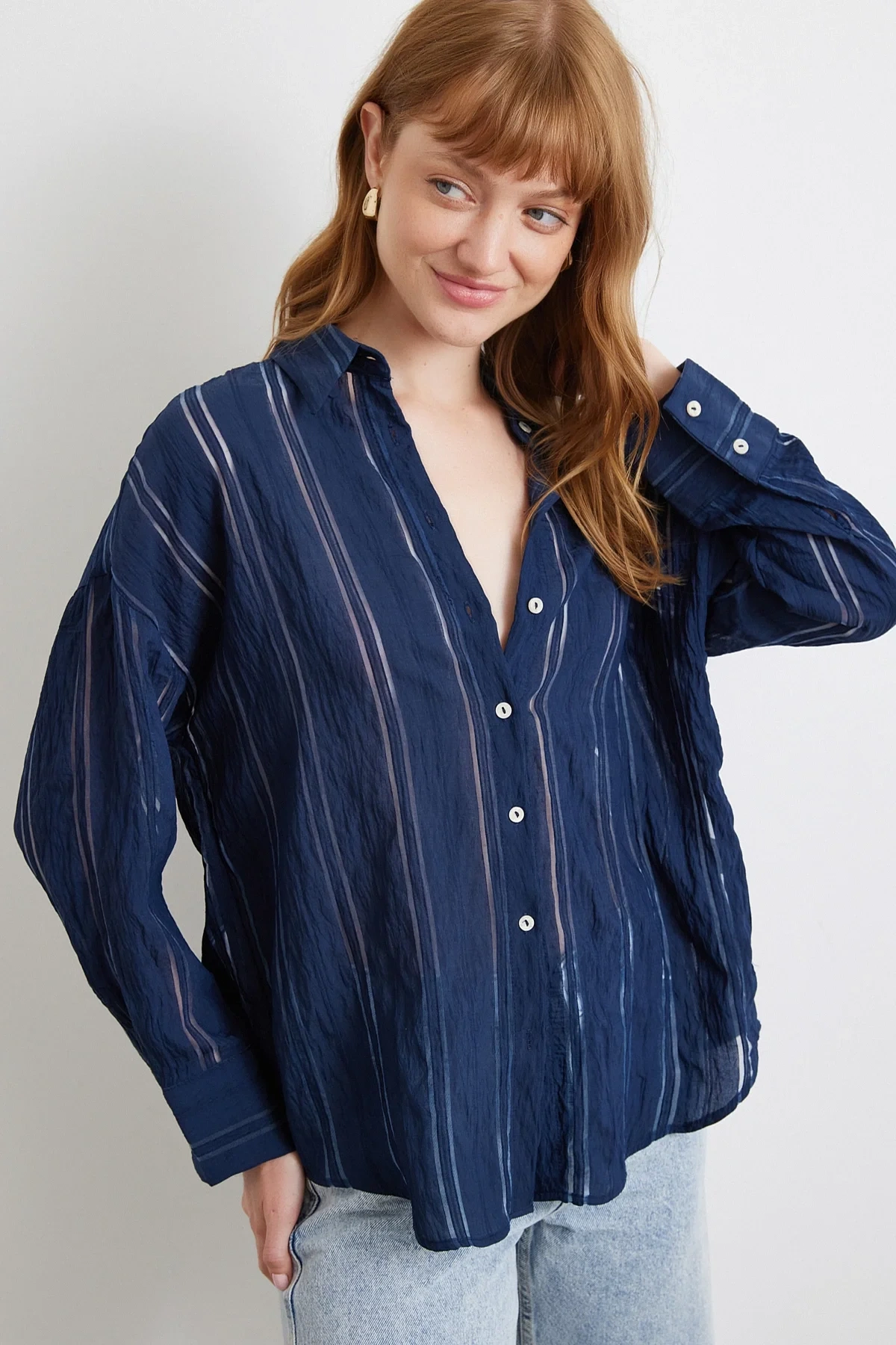 Organze Çizgili Gömlek Lacivert