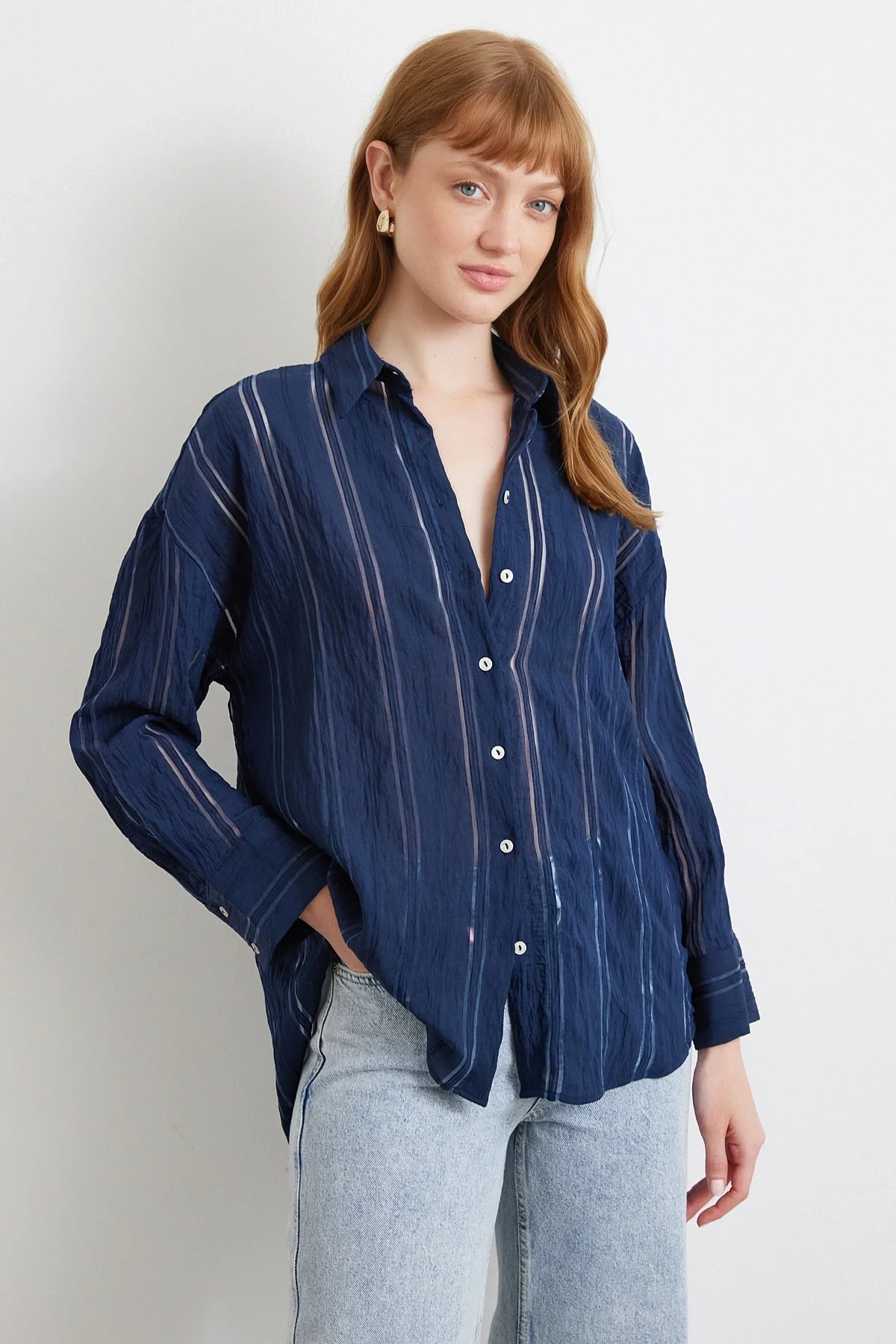 Organze Çizgili Gömlek Lacivert