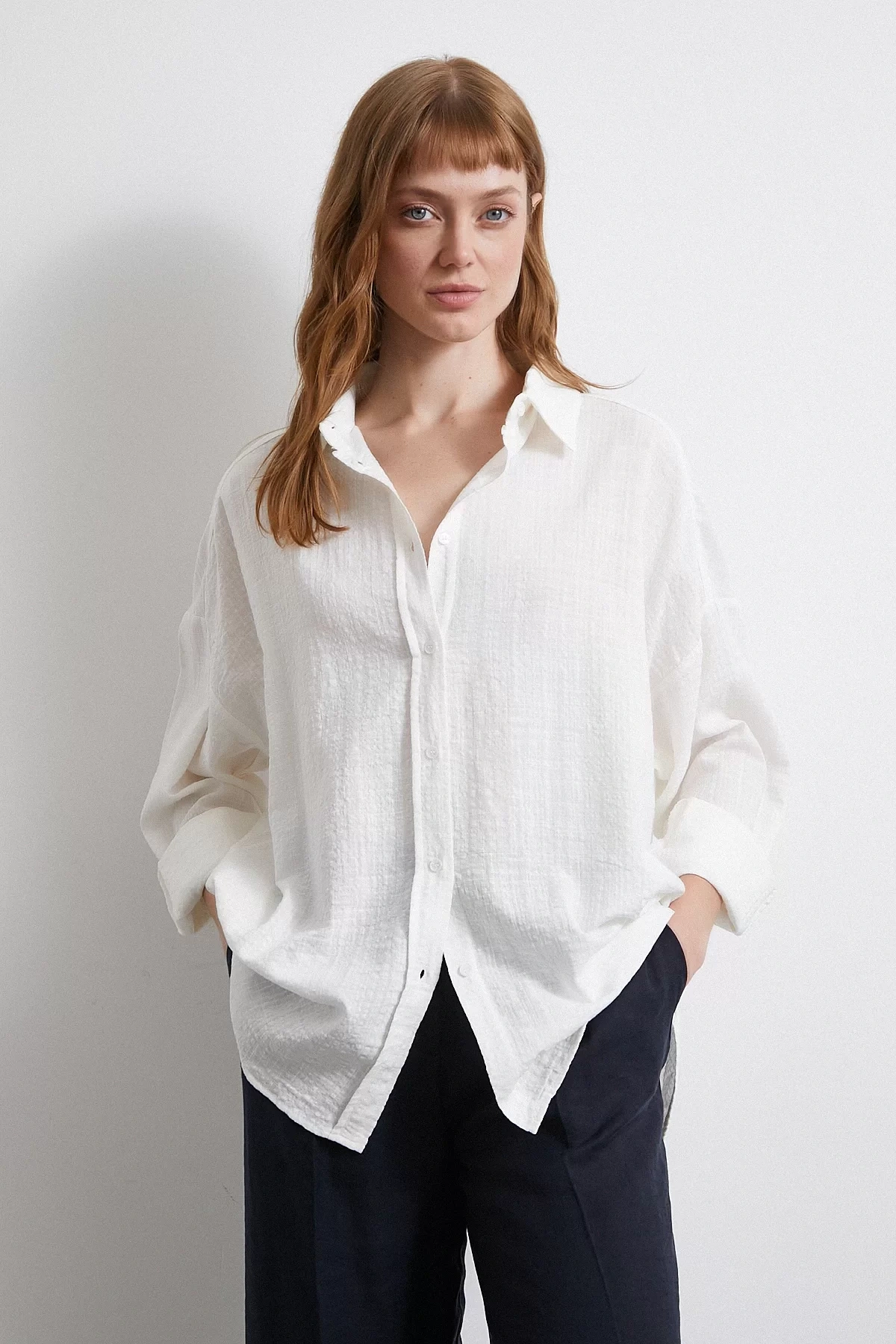 Oversize Keten Gömlek Beyaz