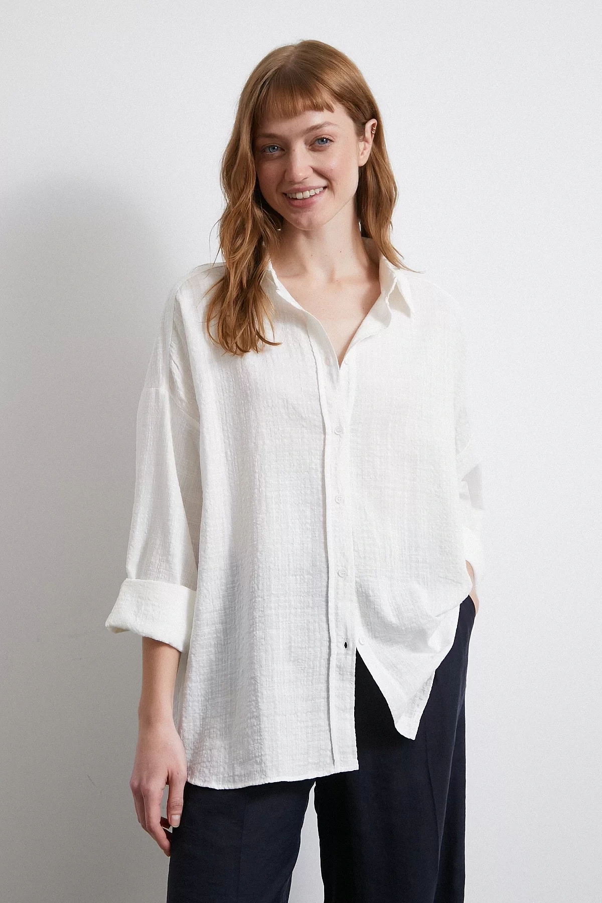 Oversize Keten Gömlek Beyaz