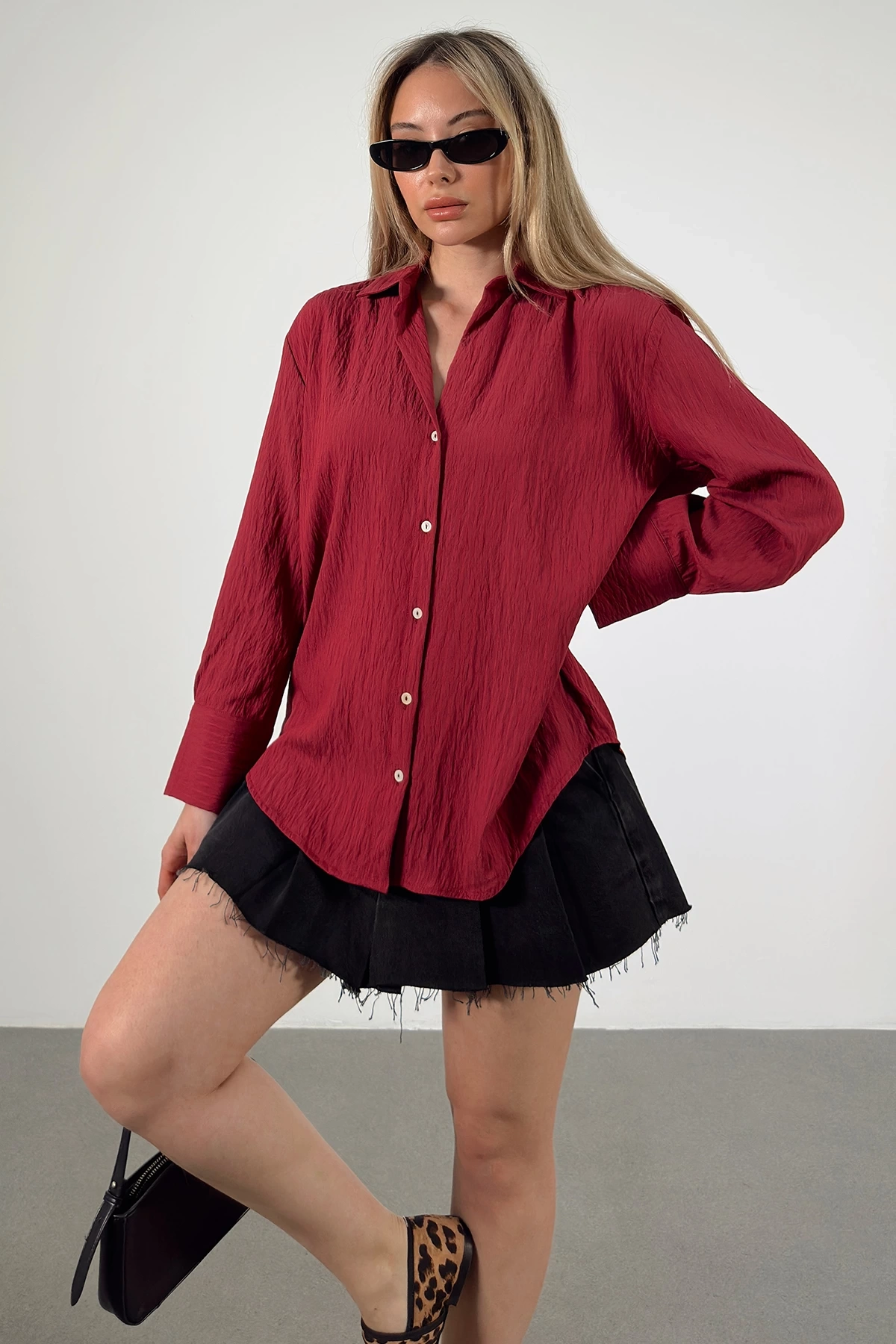 Paralel Çizgili Gömlek Bordo