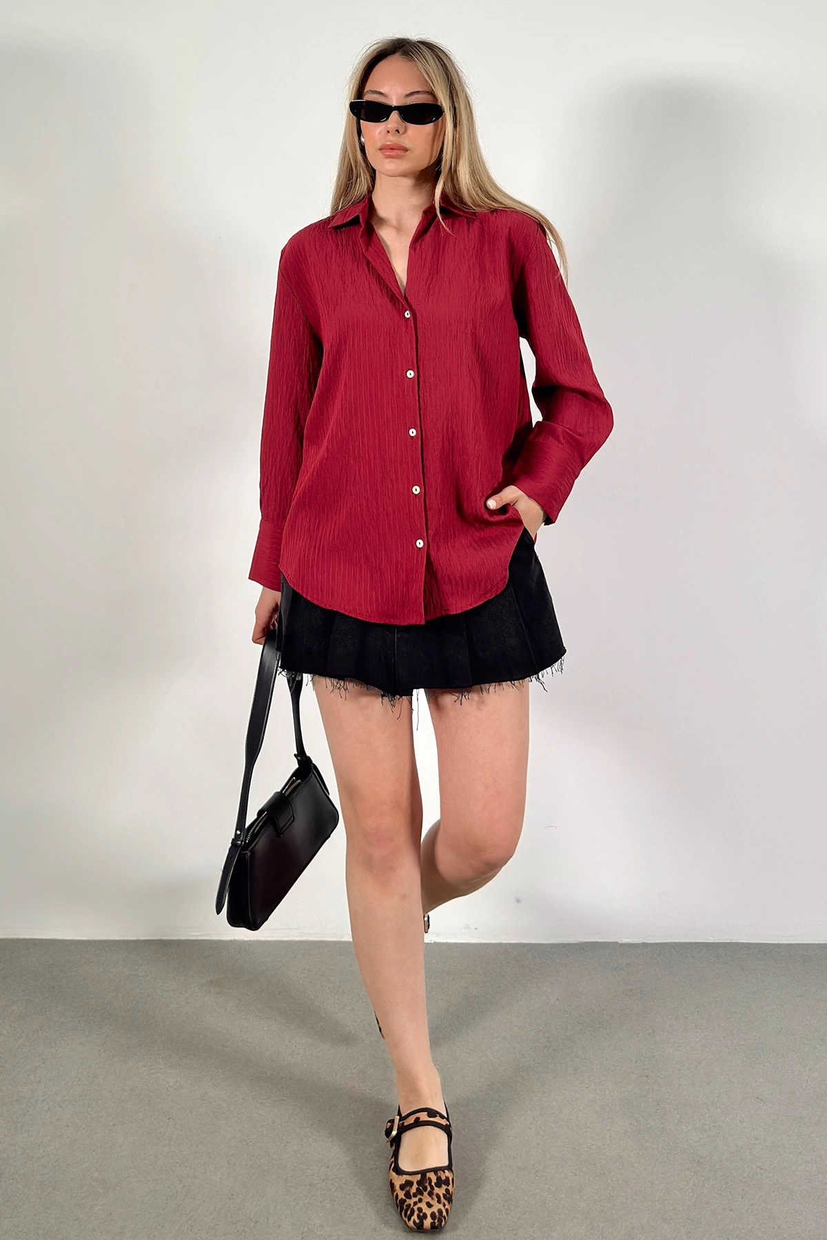 Paralel Çizgili Gömlek Bordo