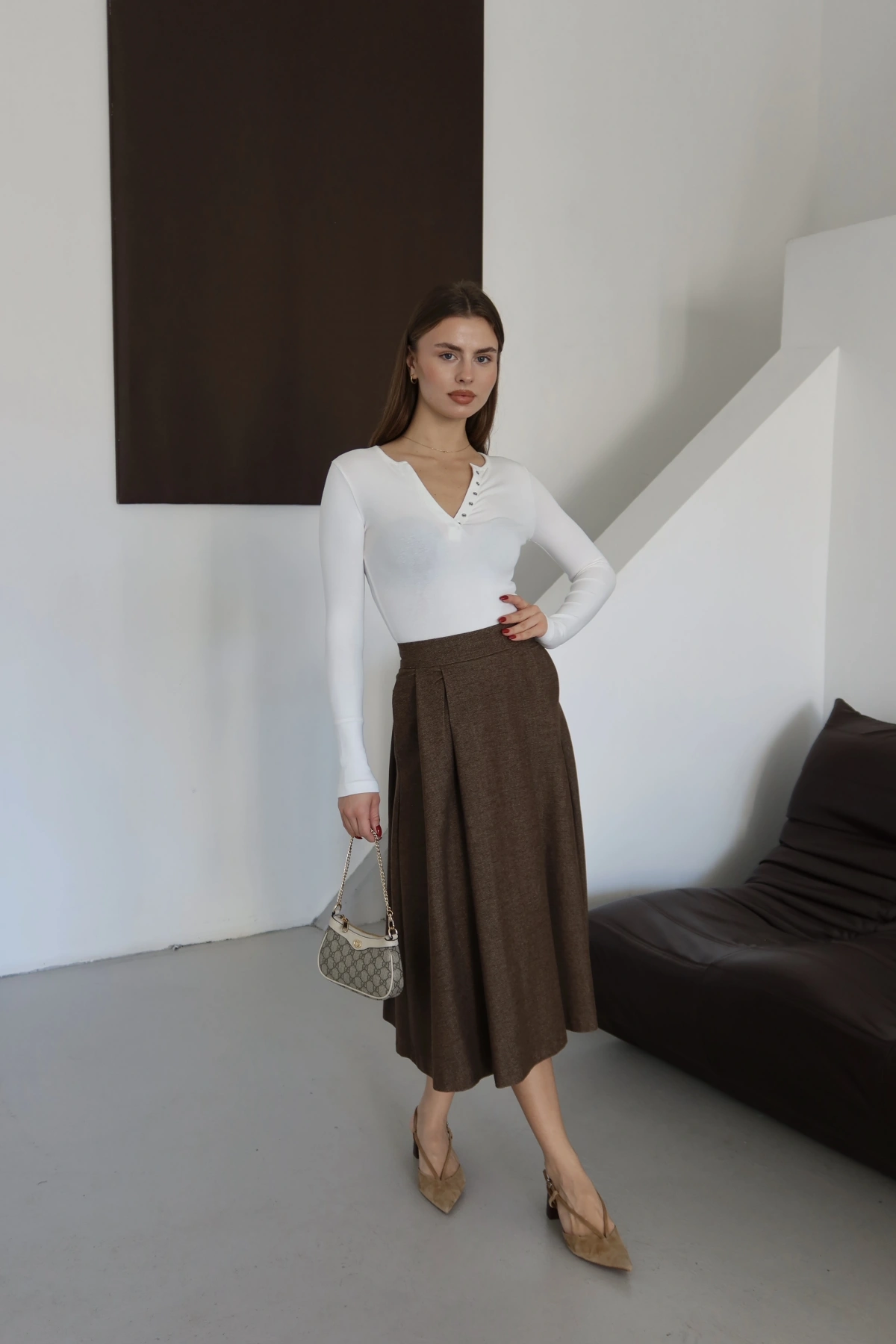 Pileli Kaşe Etek Kahve