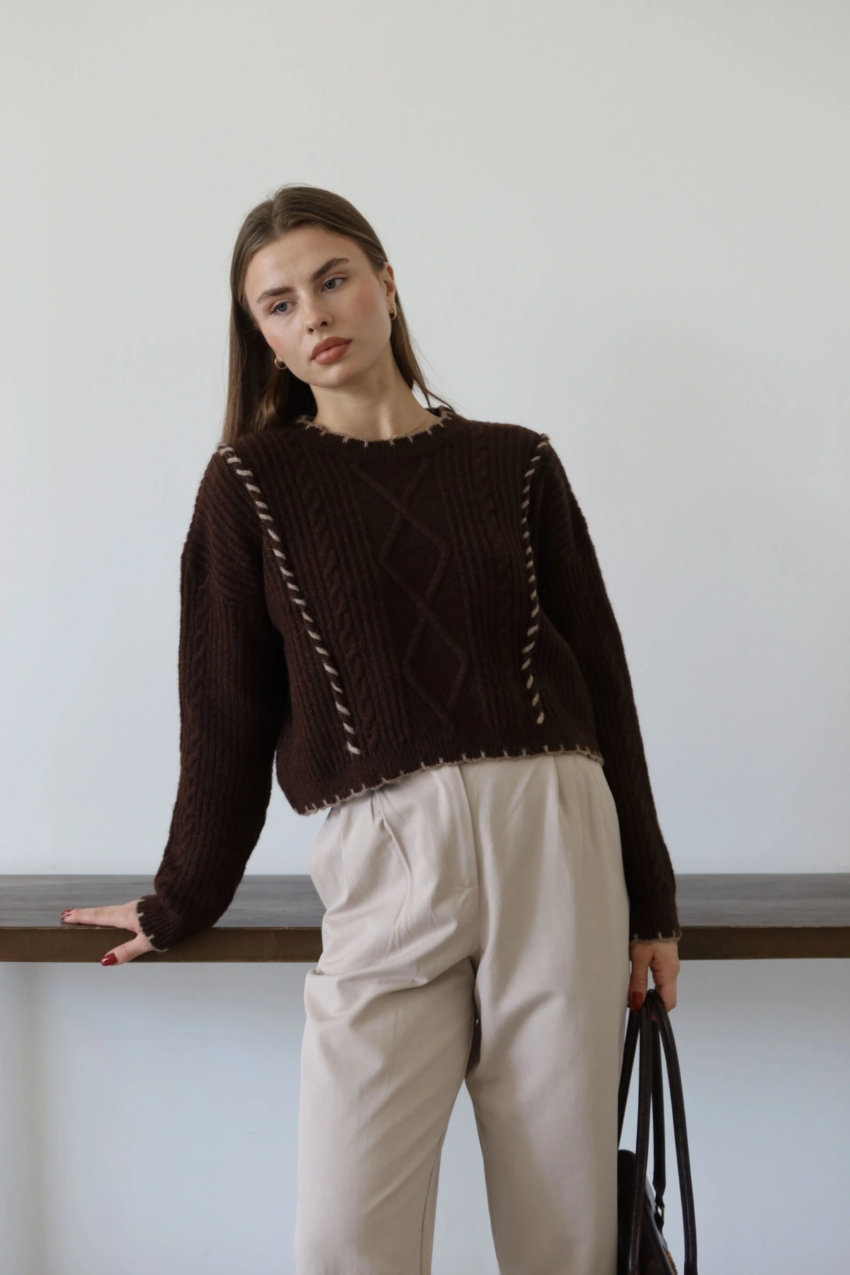 Saç Örgülü Kazak Kahve