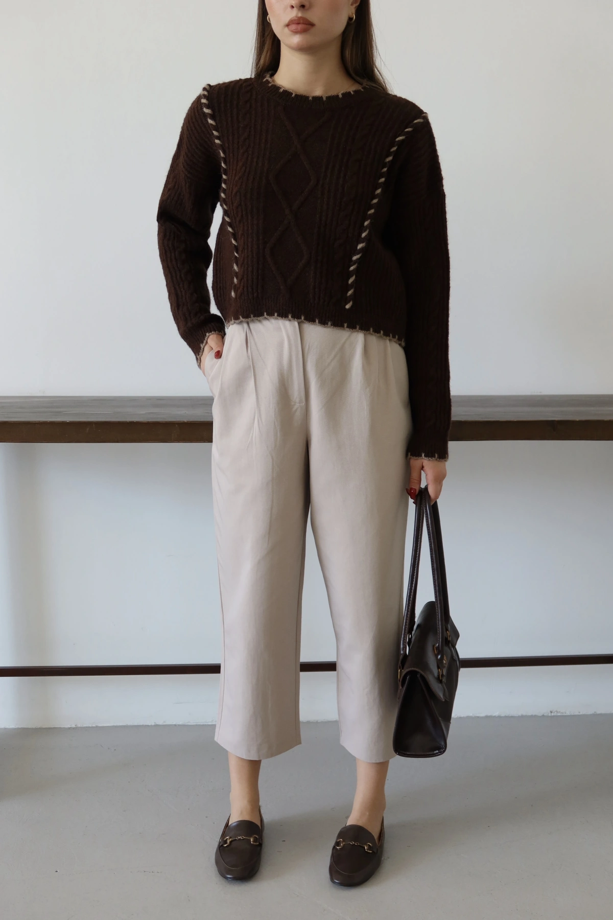 Saç Örgülü Kazak Kahve