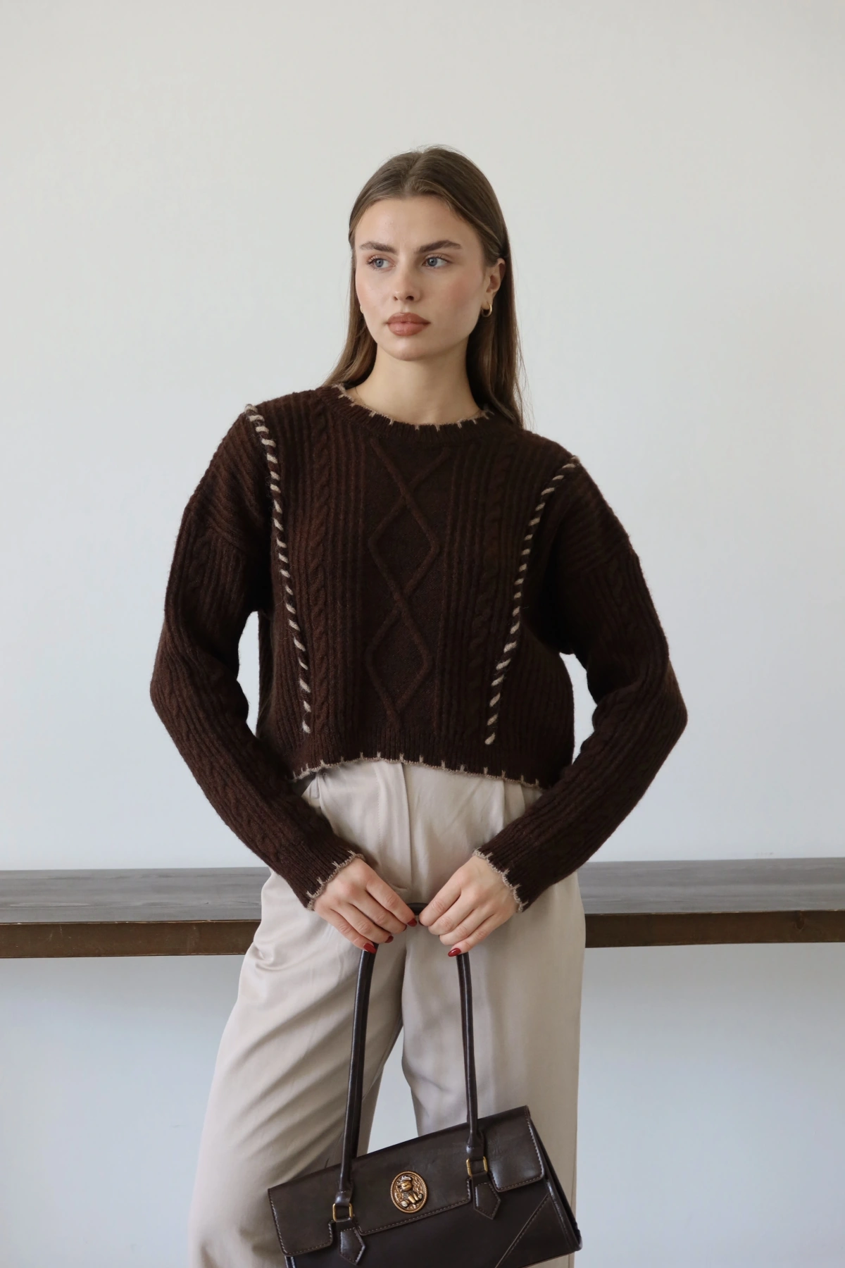 Saç Örgülü Kazak Kahve