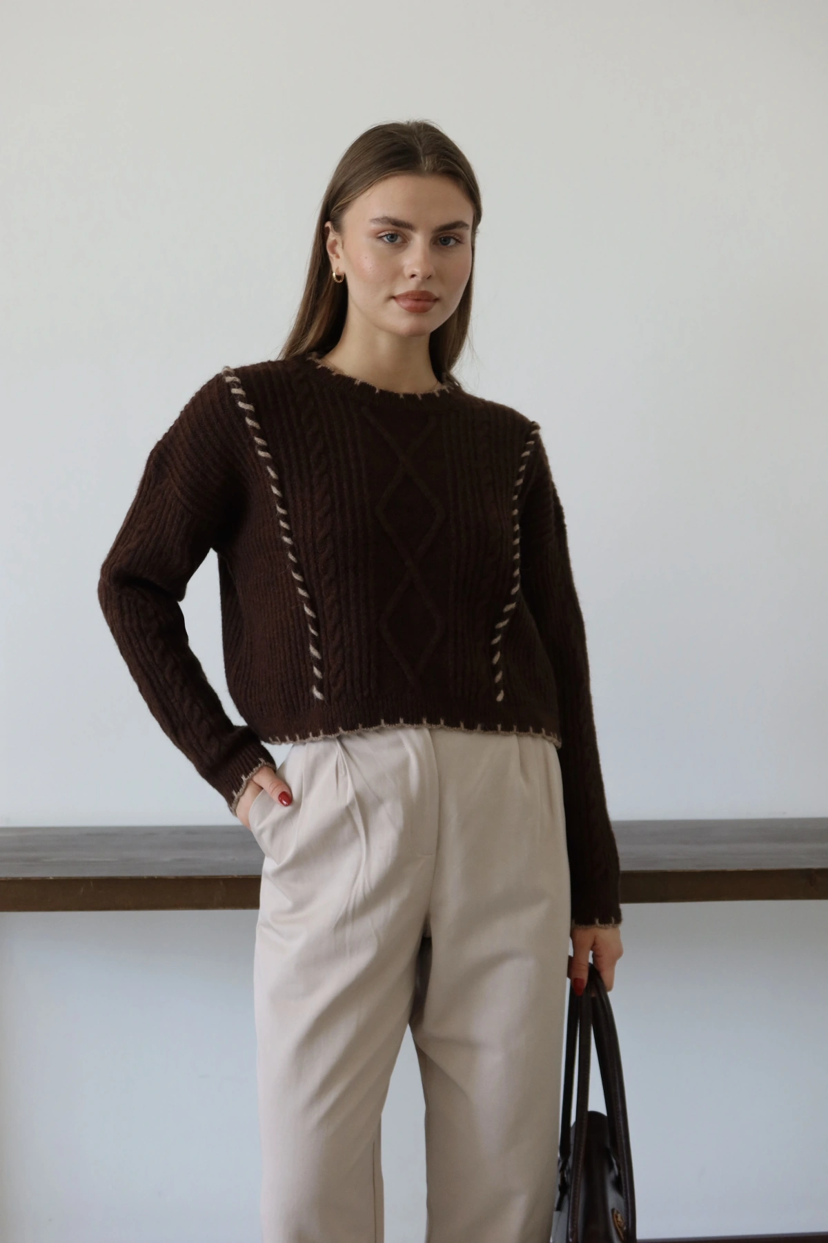 Saç Örgülü Kazak Kahve