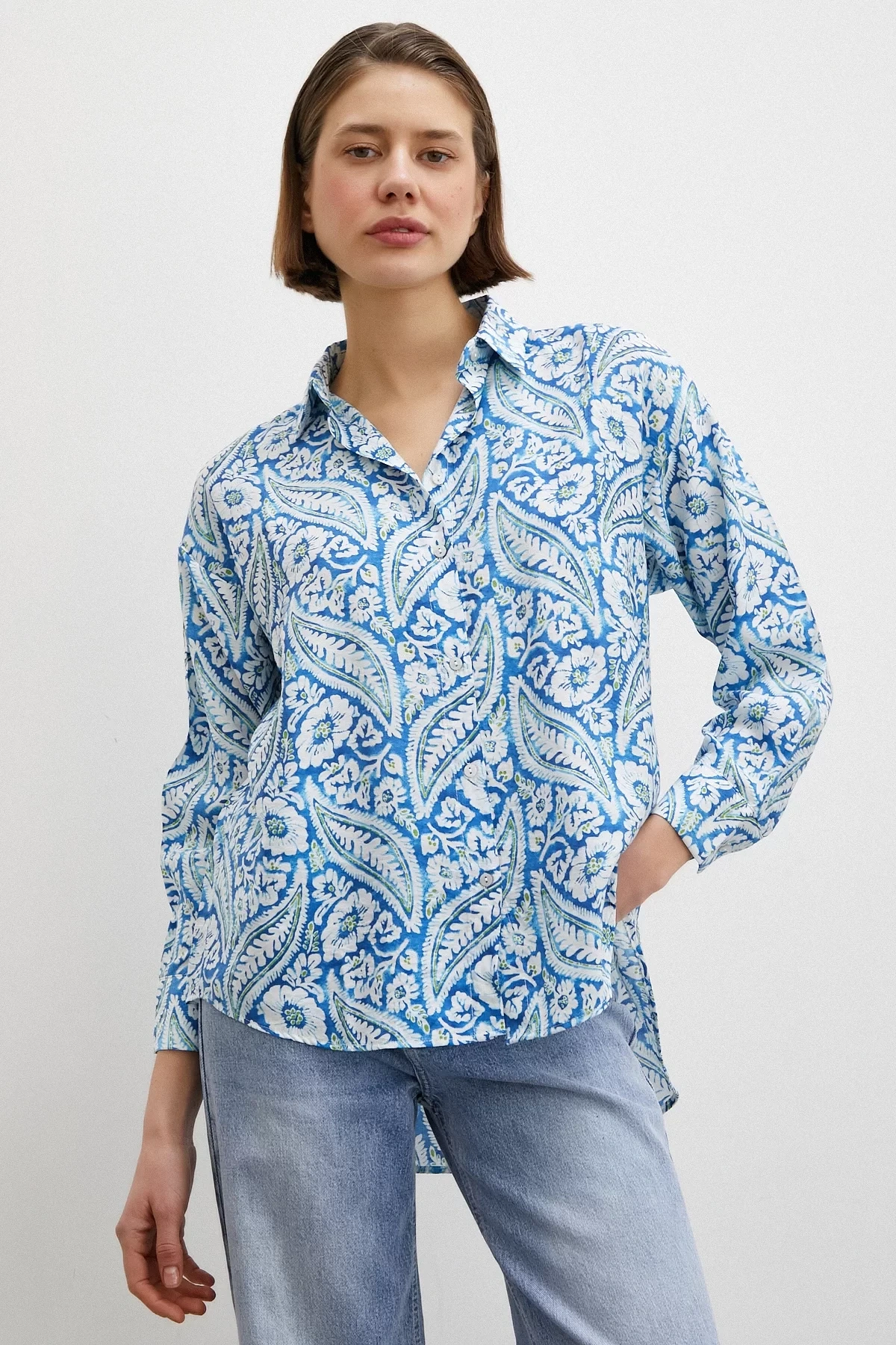 Şal Desen Modal Gömlek Mavi