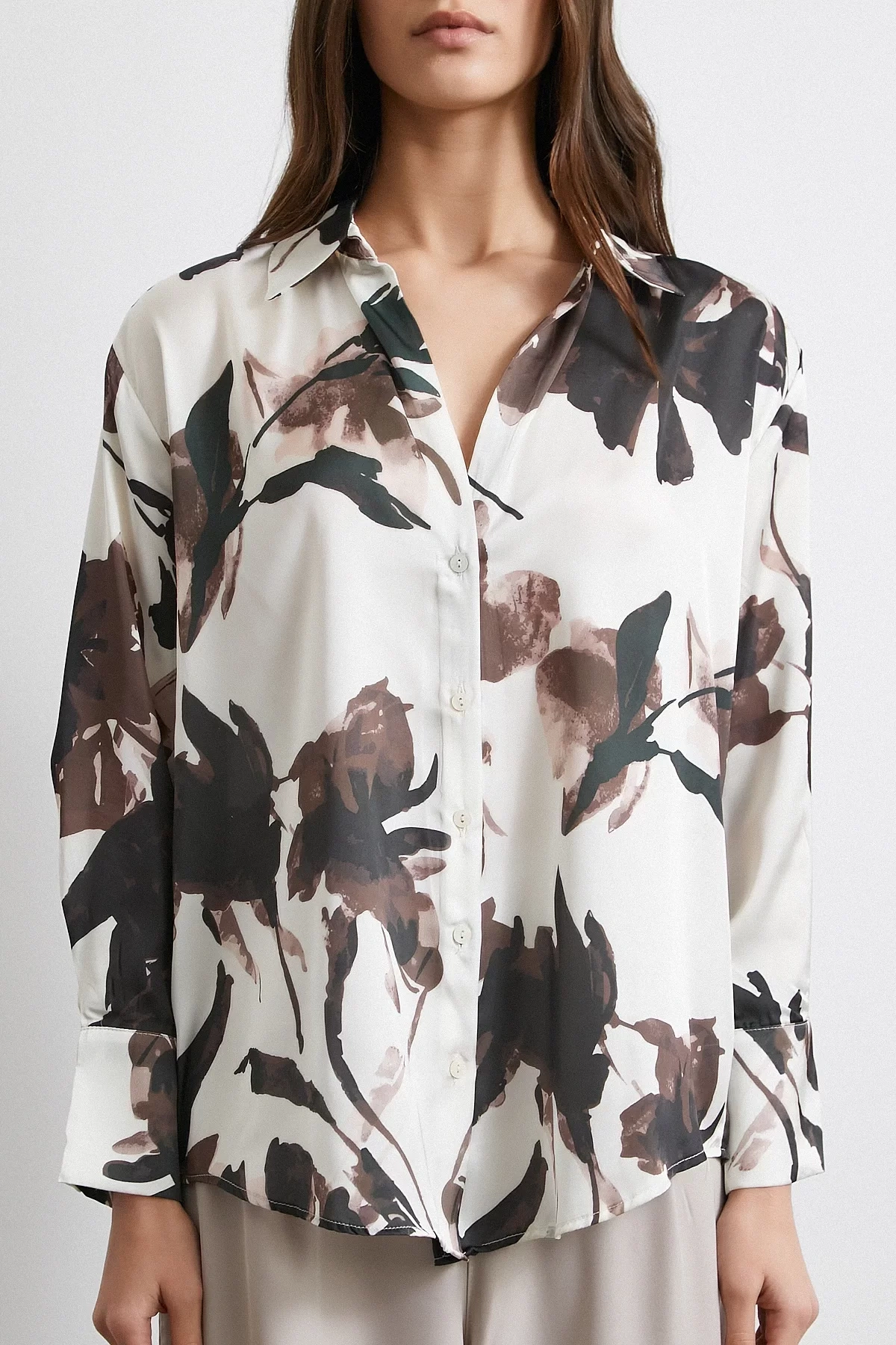 Saten Yüzeyli Desenli Gömlek Kahve