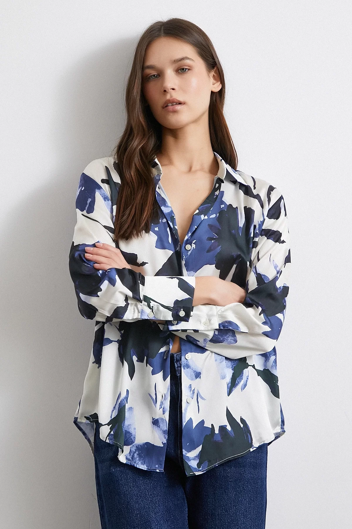 Saten Yüzeyli Desenli Gömlek Lacivert