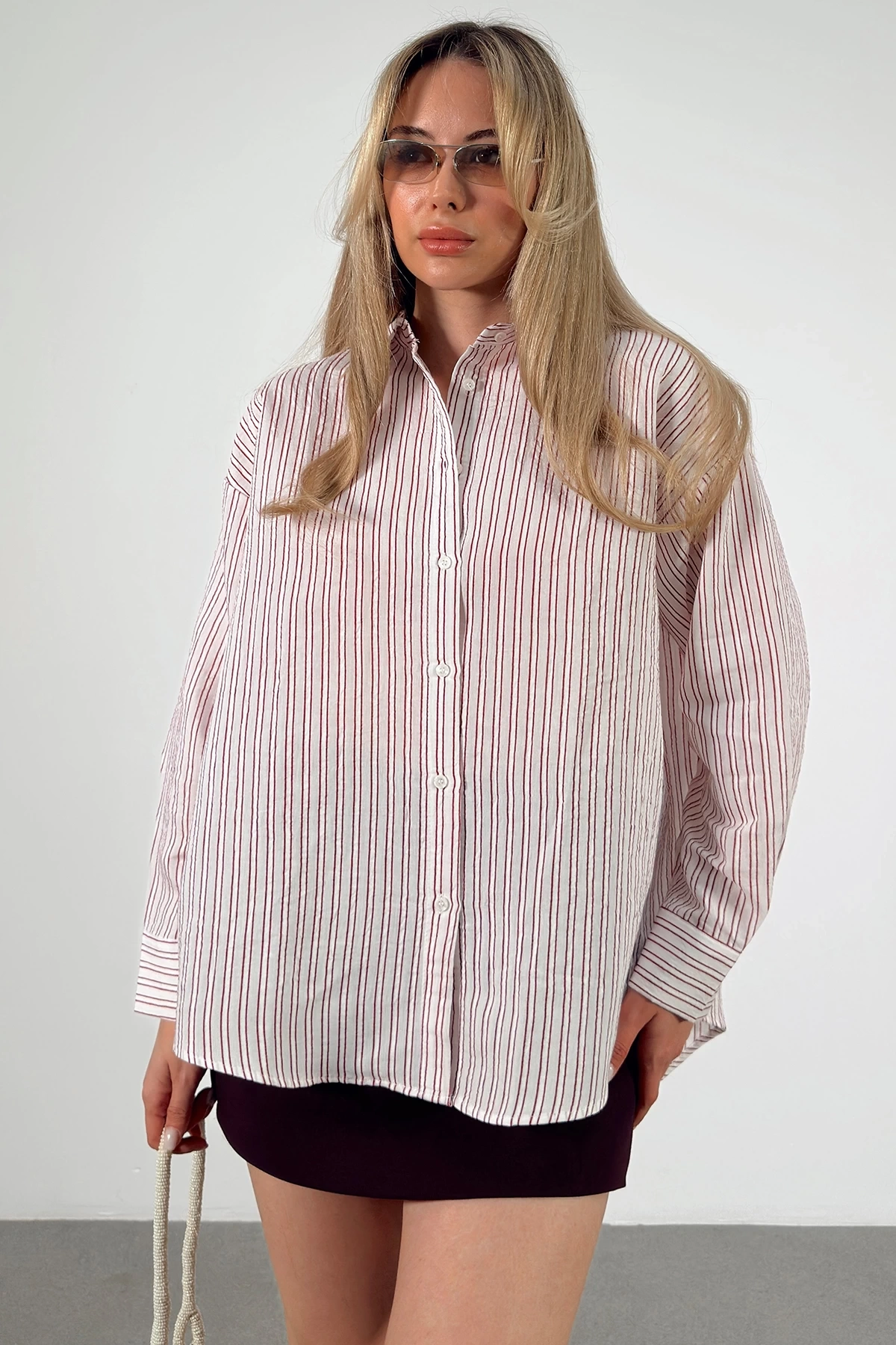 Simetrik Çizgili Gömlek Bordo