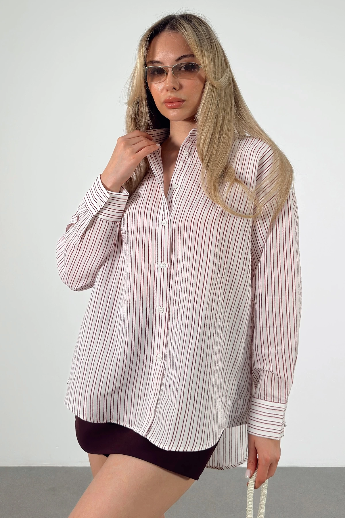 Simetrik Çizgili Gömlek Bordo