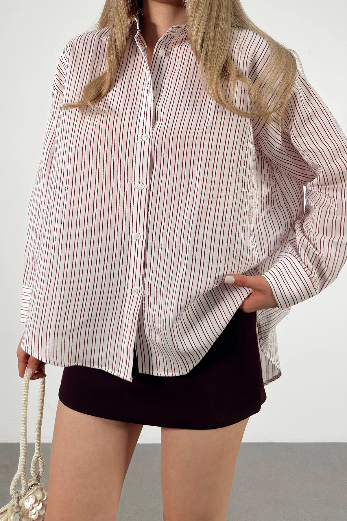 Simetrik Çizgili Gömlek Bordo