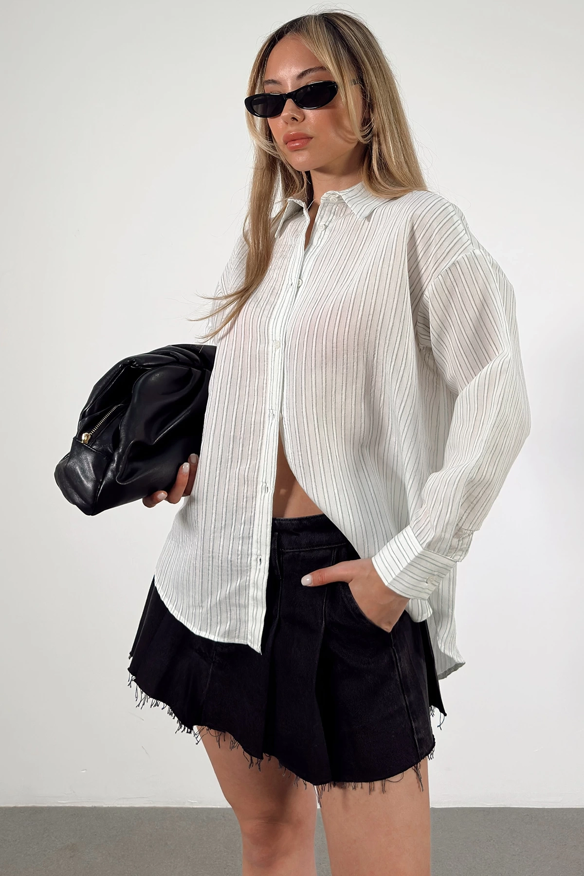 Simetrik Çizgili Gömlek Mint