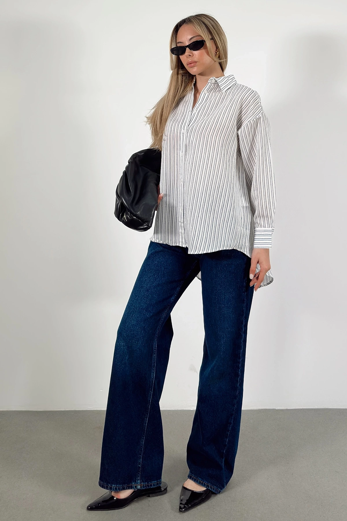 Simetrik Çizgili Gömlek Siyah