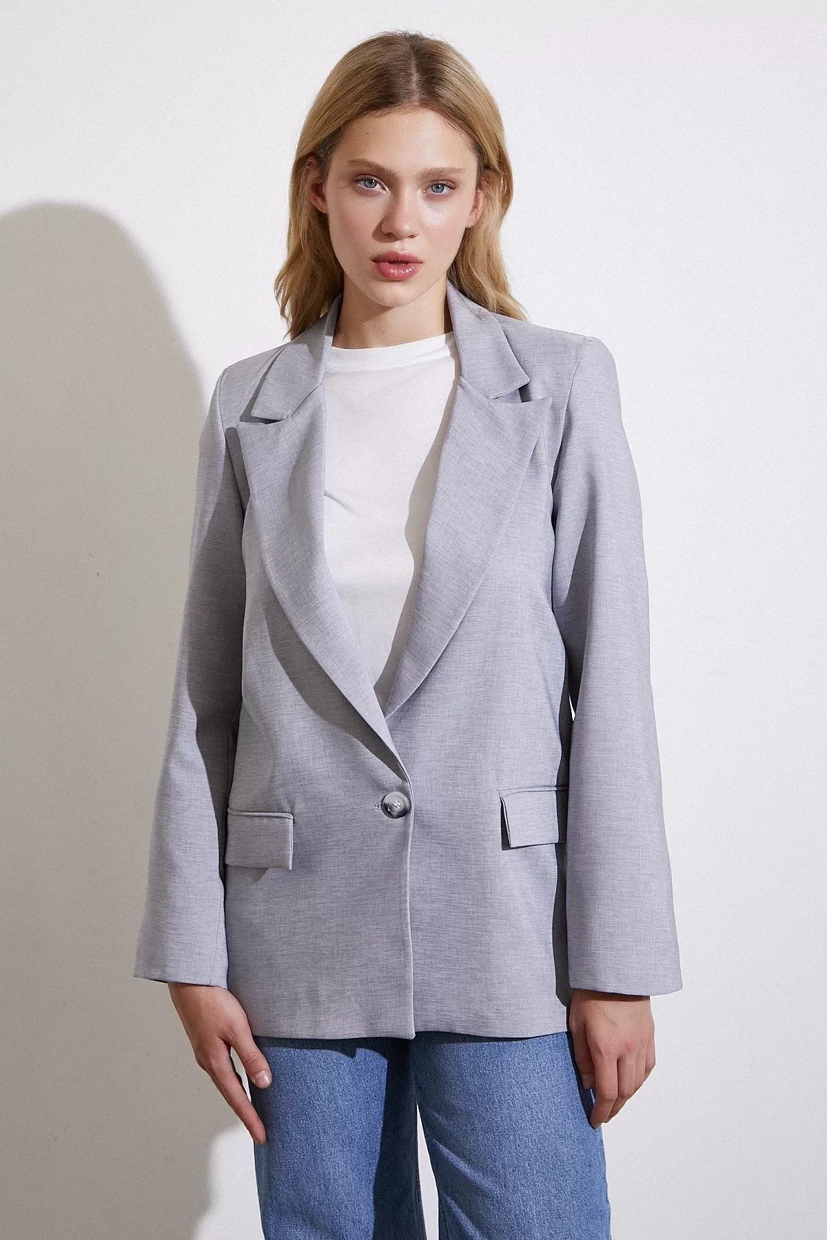 Tek Düğmeli Blazer Ceket Gri