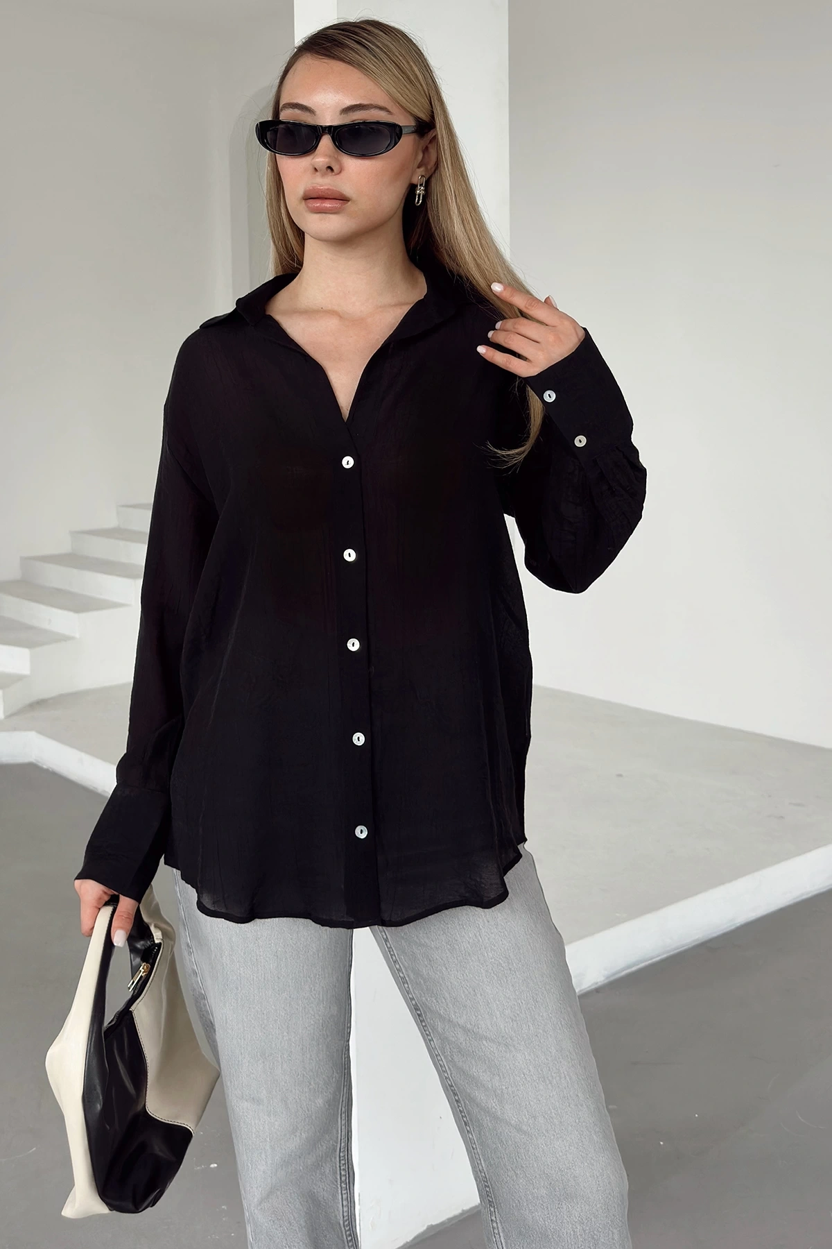 Transparan Çizgili Gömlek Siyah