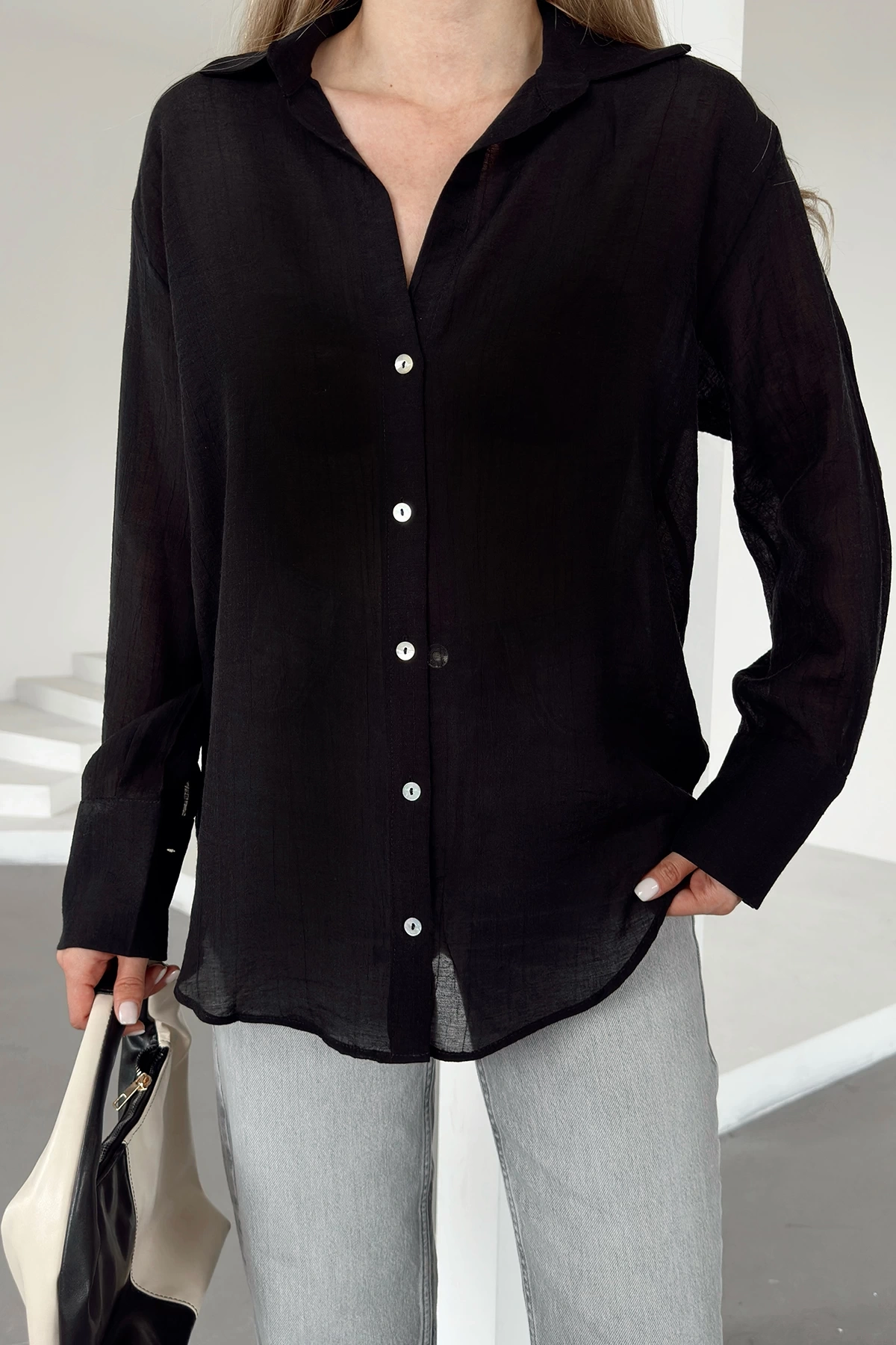 Transparan Çizgili Gömlek Siyah