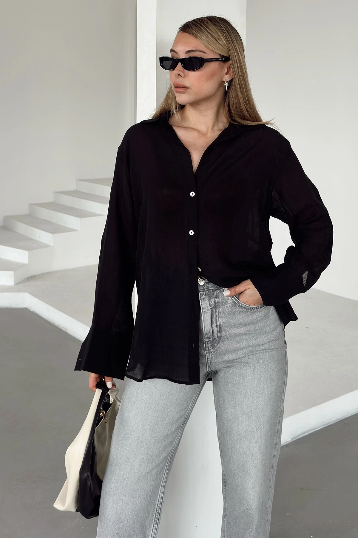 Transparan Çizgili Gömlek Siyah