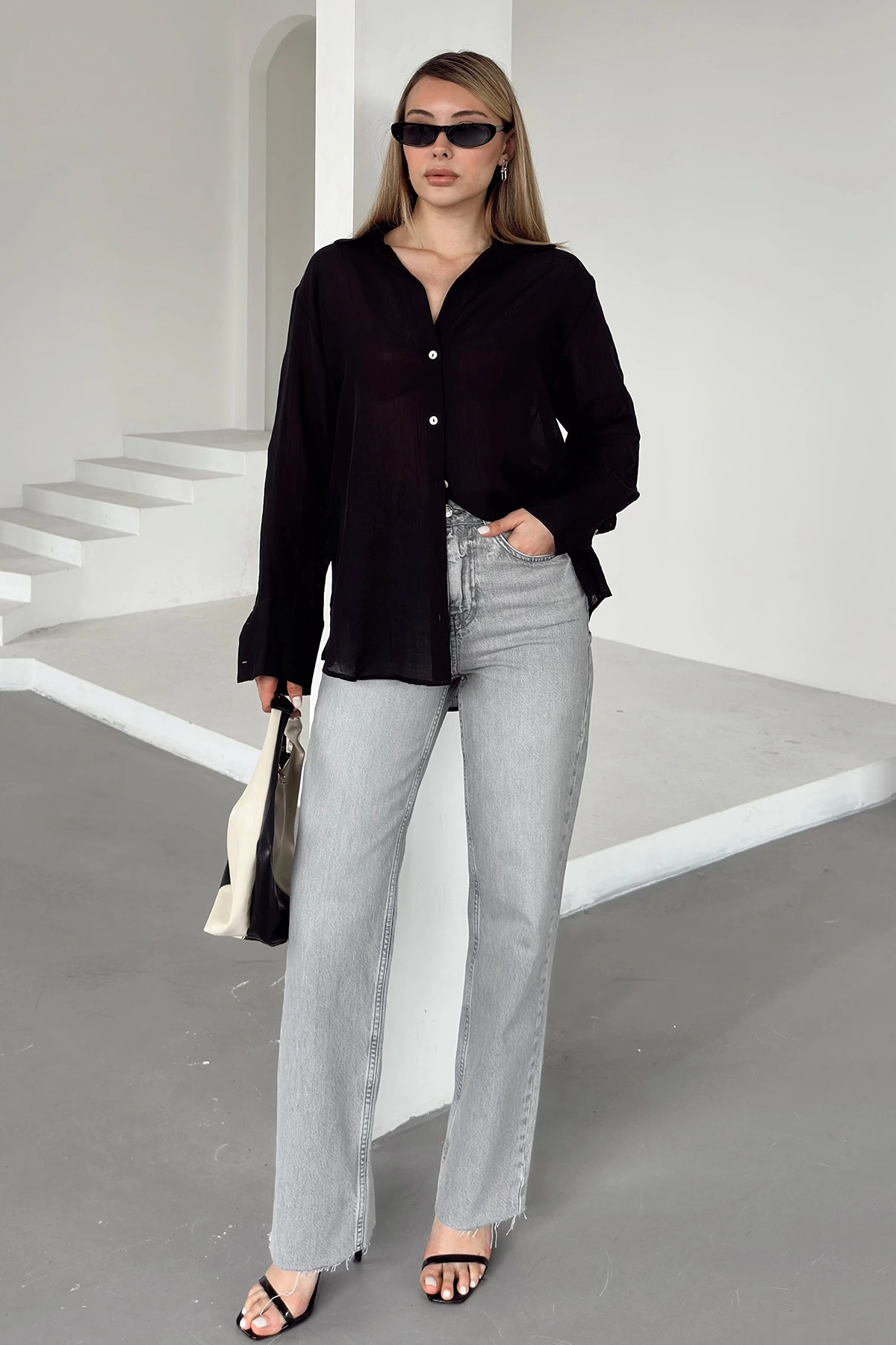 Transparan Çizgili Gömlek Siyah