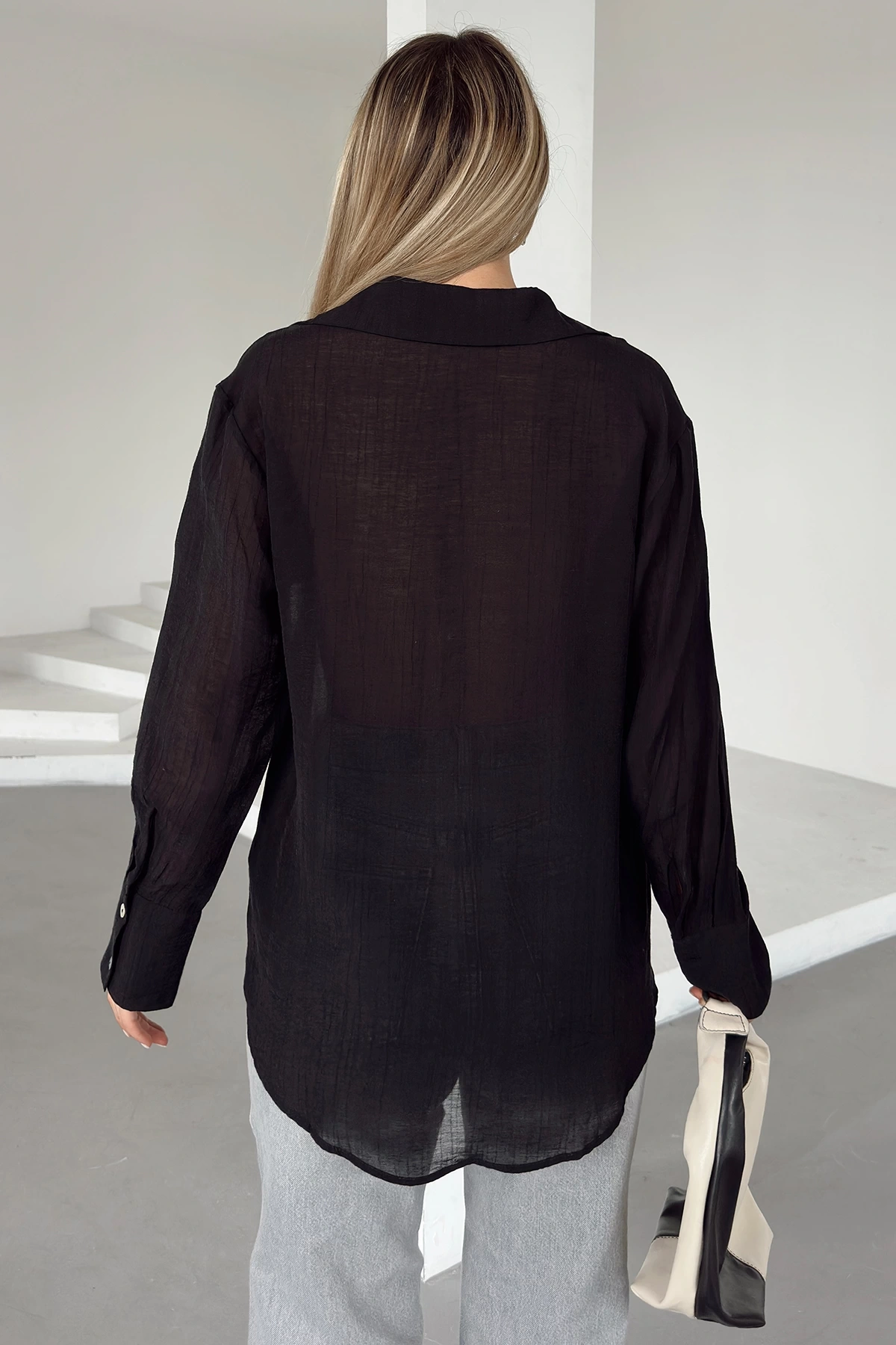 Transparan Çizgili Gömlek Siyah