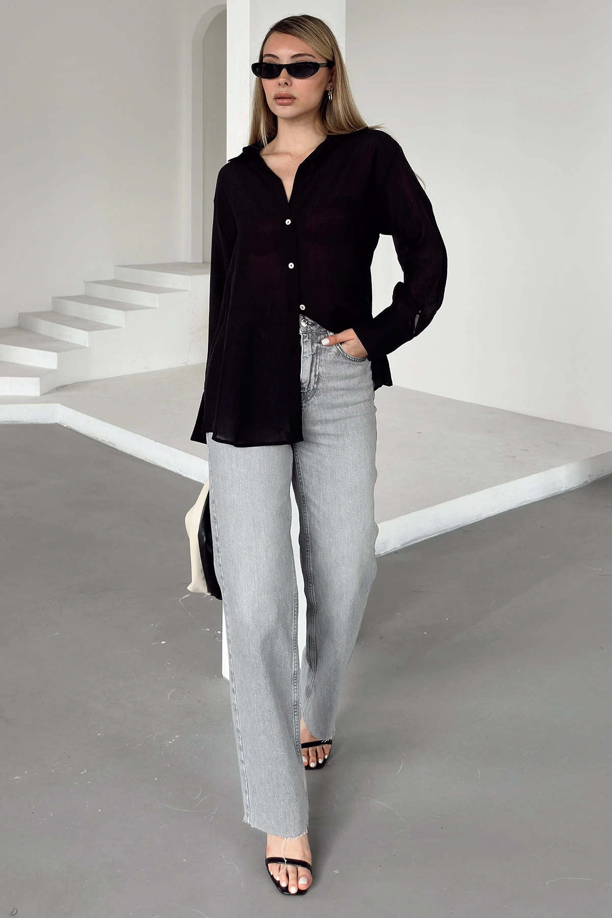 Transparan Çizgili Gömlek Siyah