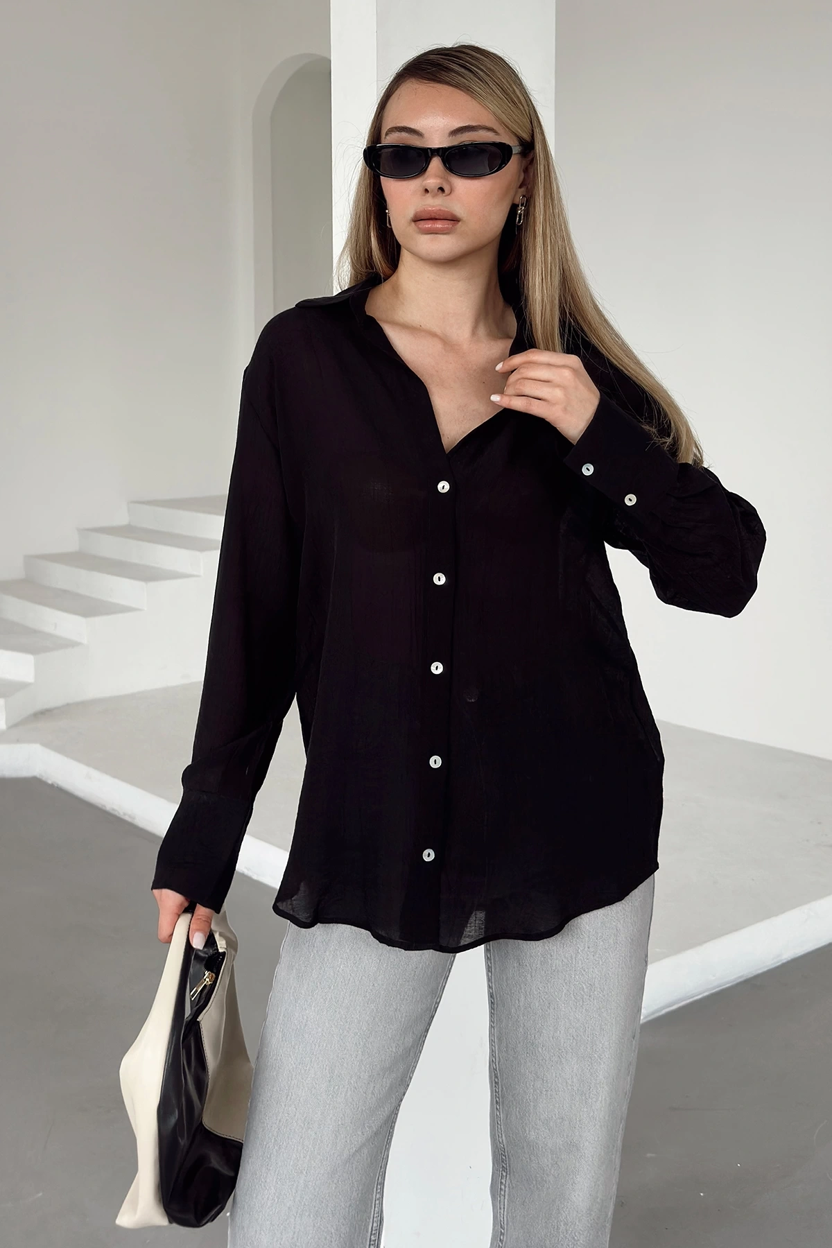 Transparan Çizgili Gömlek Siyah